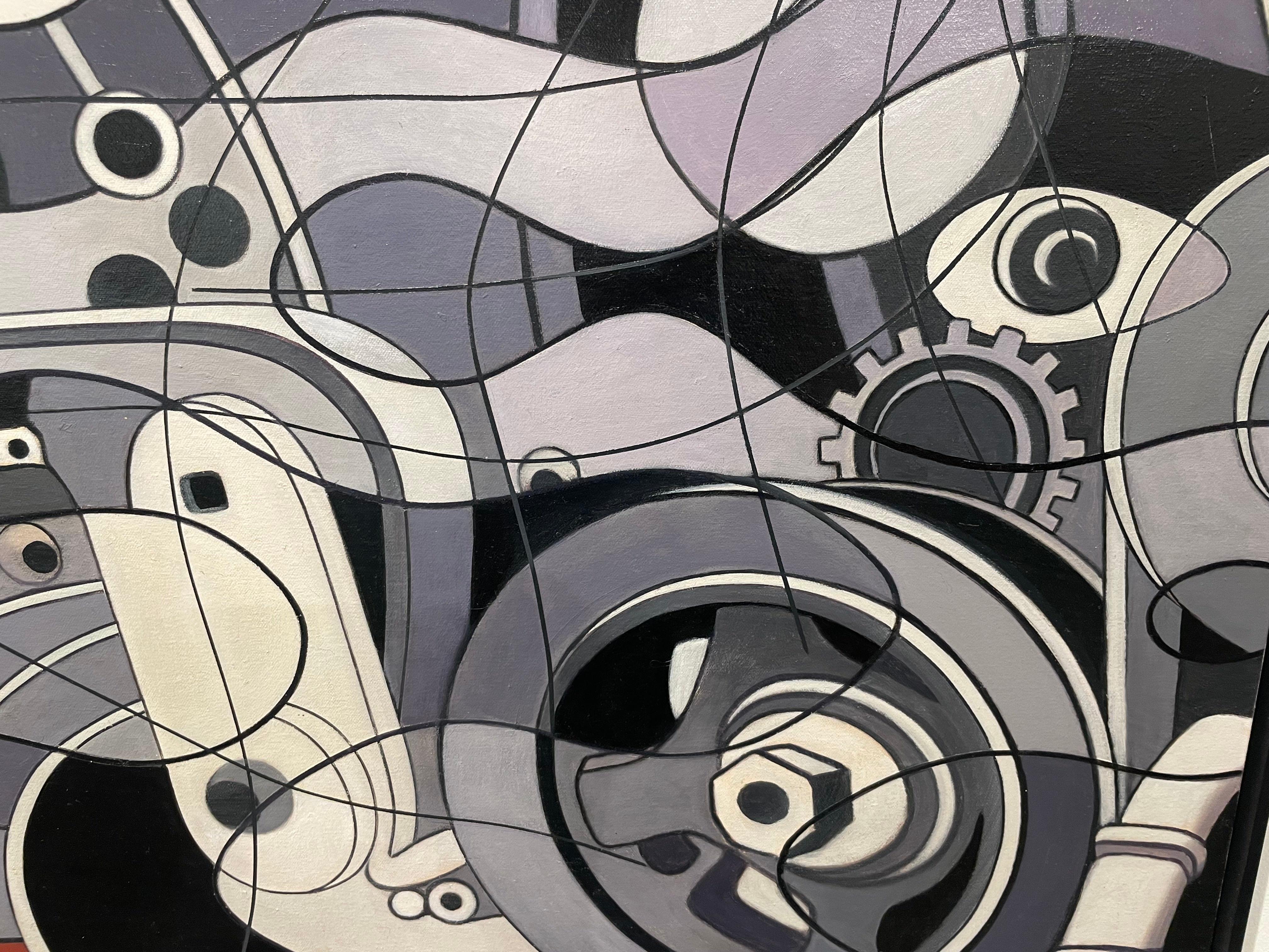 Pintura abstracta figurativa con engranajes de un motor, Artista de Ohio en venta 6