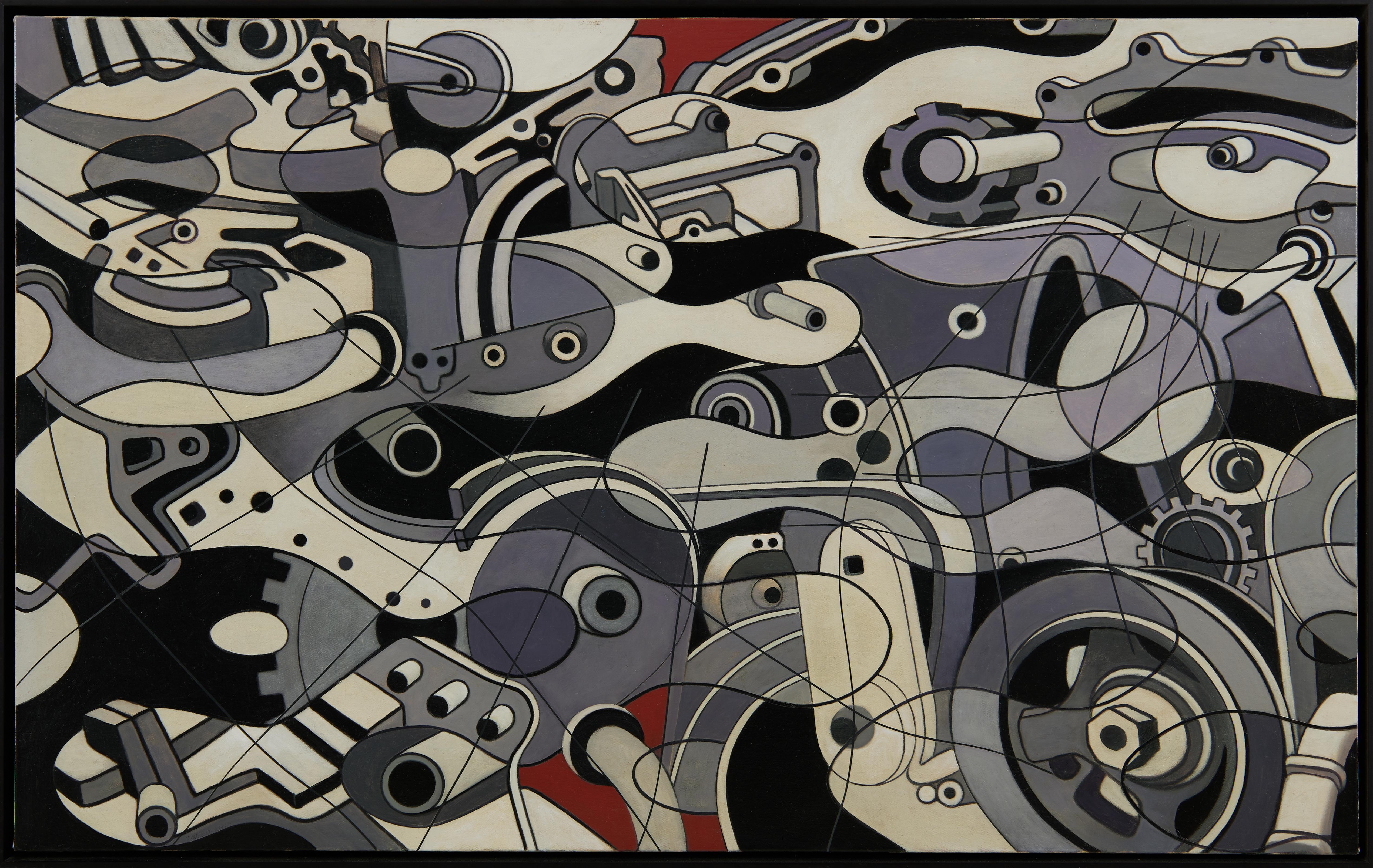 Pittura astratta figurativa con ingranaggi di un motore, artista dell'Ohio