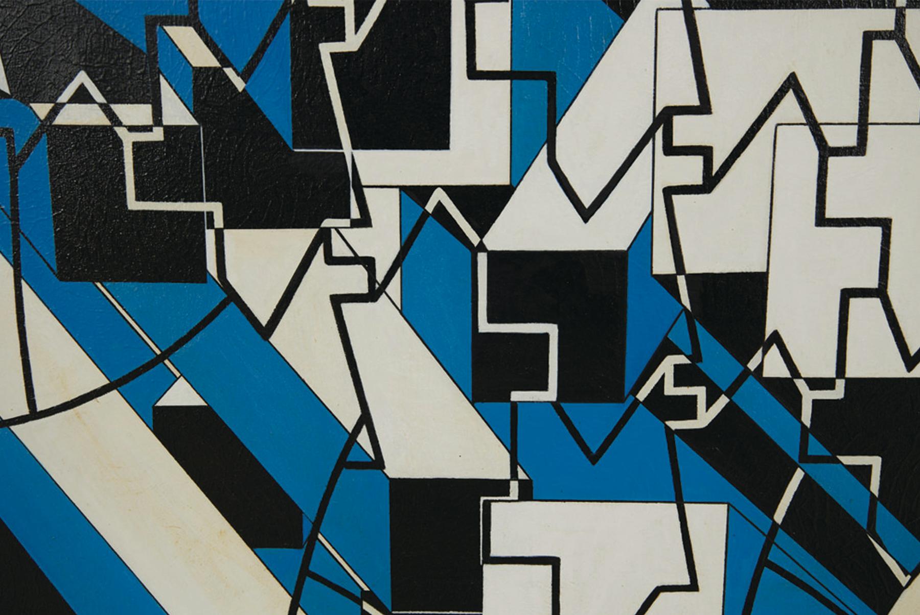 Monumentales Blau/Weiß/Schwarzes Geometrisches Abstraktes Gemälde des späten 20. im Angebot 1