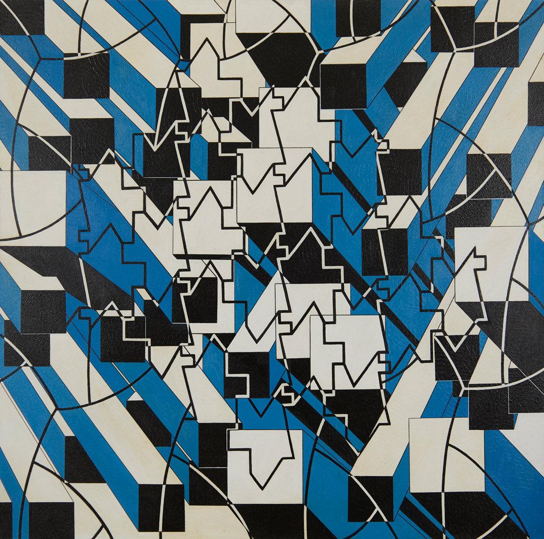 James Massena March Abstract Painting – Monumentales Blau/Weiß/Schwarzes Geometrisches Abstraktes Gemälde des späten 20.