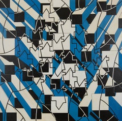 Monumentale dipinto astratto geometrico blu/bianco/nero della fine del XX secolo