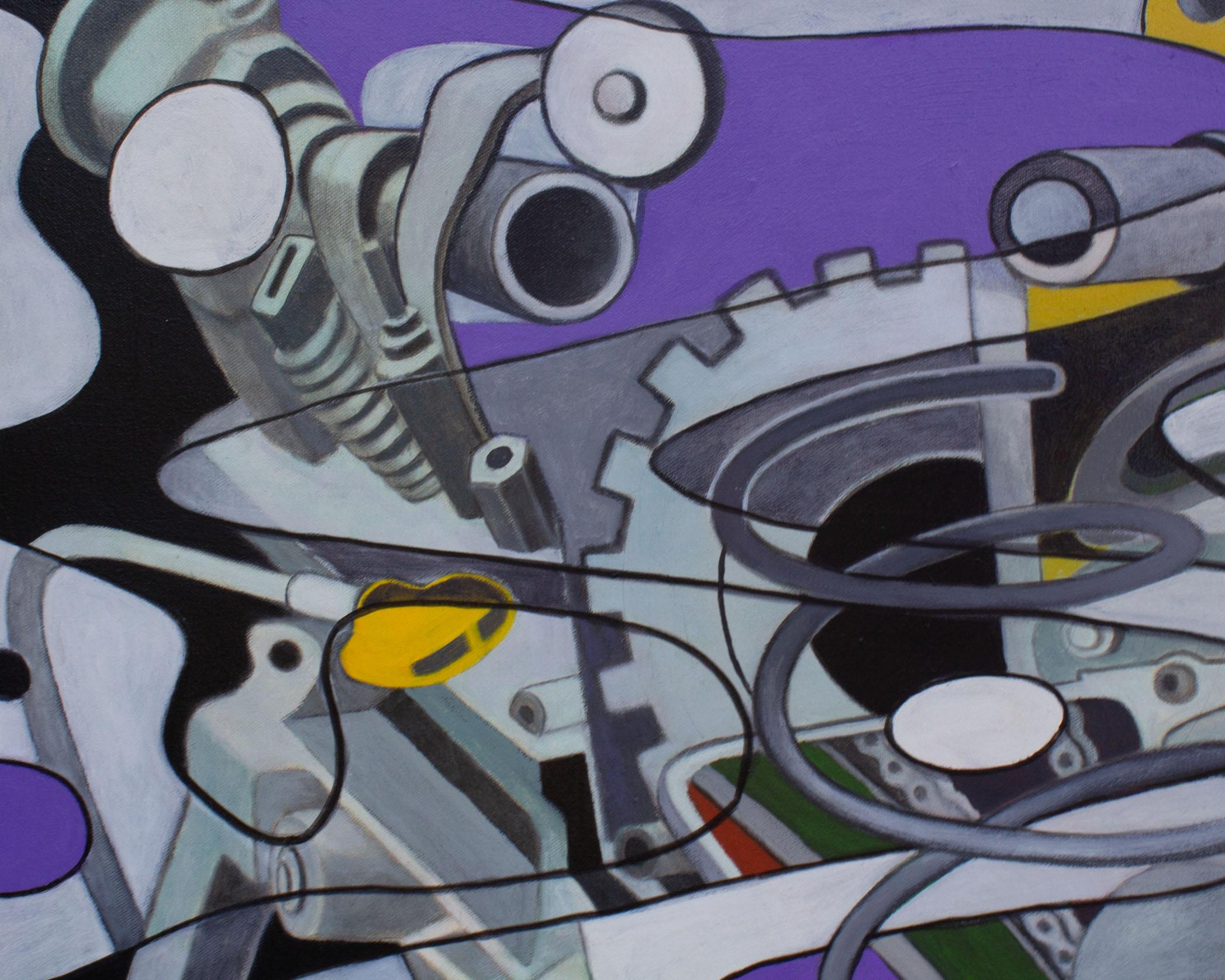 James Massena March, signiertes abstraktes Acryl auf Leinwand mit Gears (Postmoderne) im Angebot