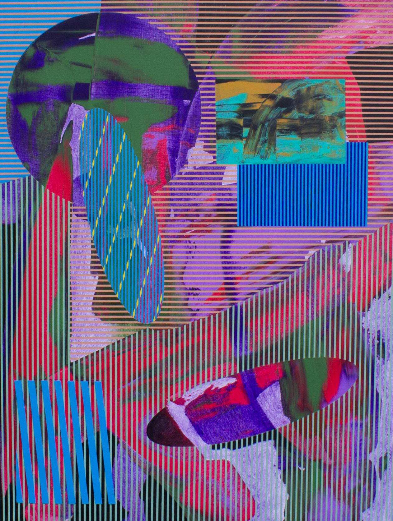 An acrylic on canvas abstract painting by the American artist James Massena March (1953-2021). This vibrant painting depicts overlapping hard lines and shapes over a panoply of color. Thin brushstrokes of hot pink, purple, teal, and black compose