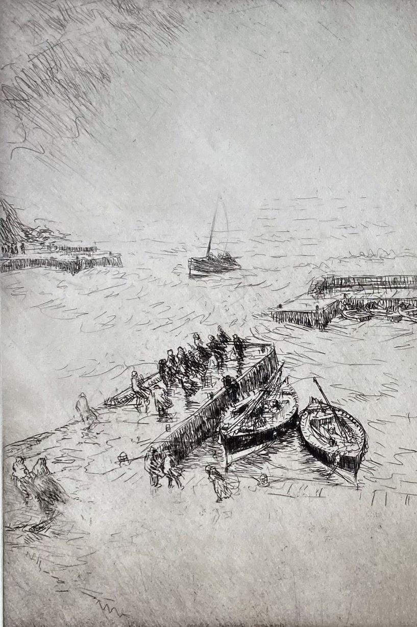 Ein Orkan in Port Errol (Grau), Figurative Print, von James McBey.