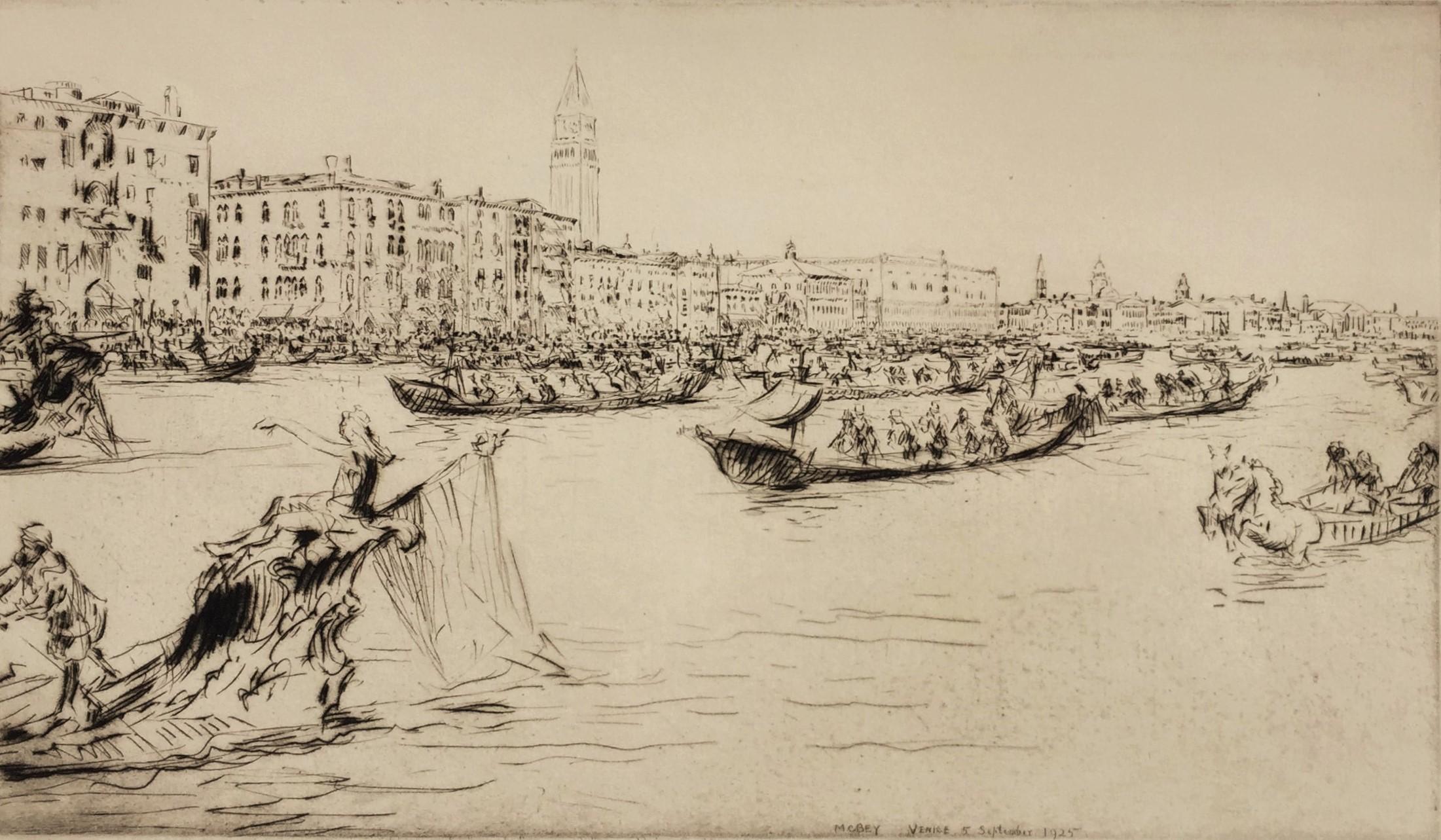 A  Regatta on the Grand Canal [Venice] - Beige Figurative Print by James McBey.