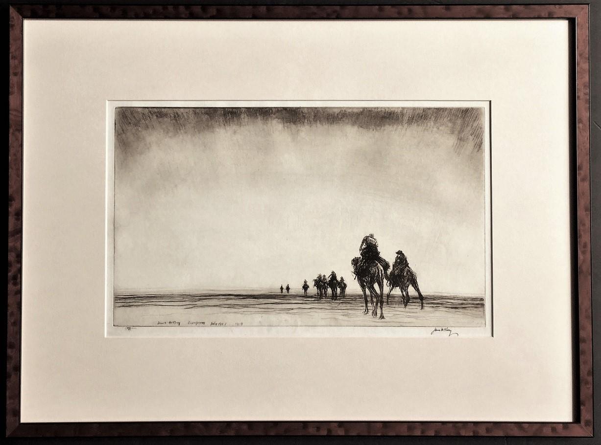 James McBey. Figurative Print - Dawn. The Camel Patrol Setting Out.