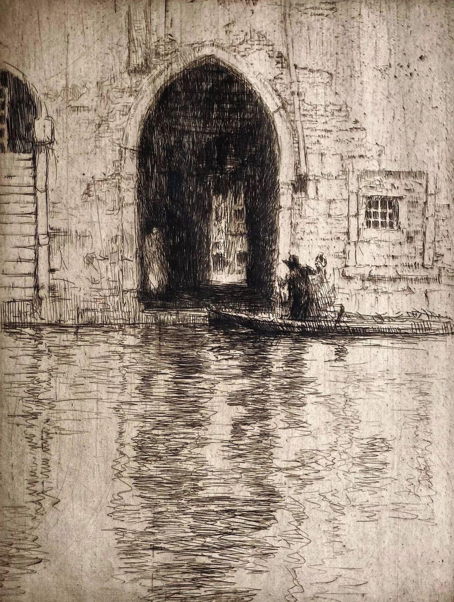 James McBey. Landscape Print – Sotto Portico, Venedig.