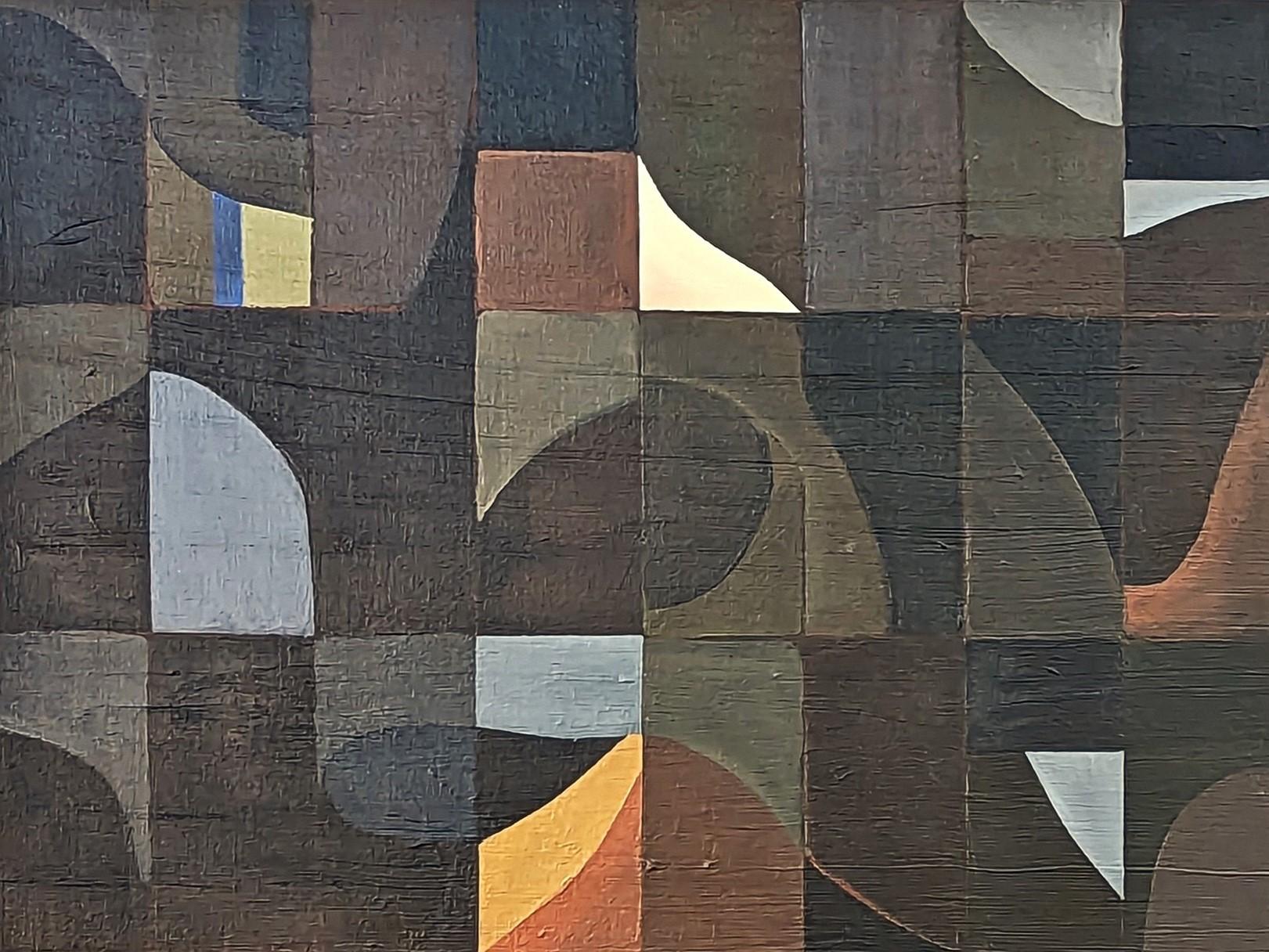 Zeitgenössisches, neutral getöntes, kubistisches, geometrisch-abstraktes Gemälde „Library“ (Geometrische Abstraktion), Painting, von James McCahon