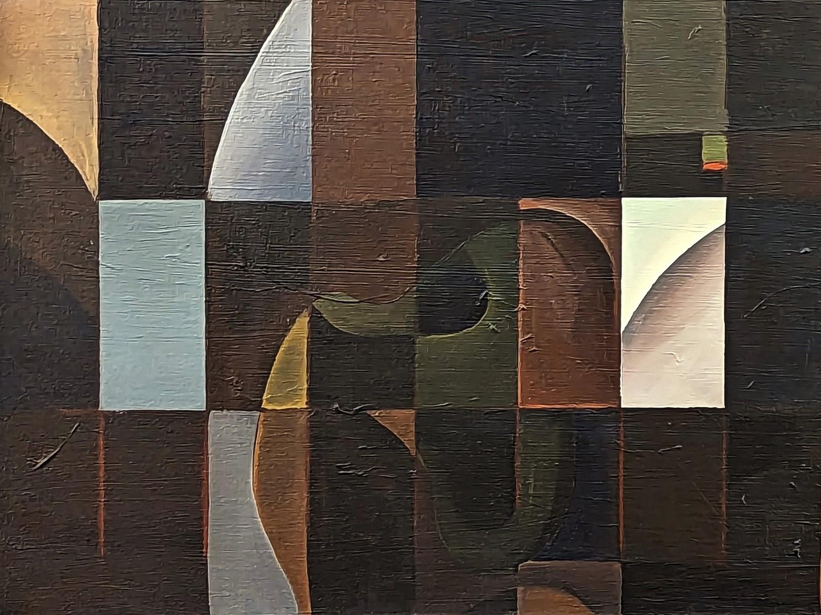 Quadro astratto marrone e blu dell'artista contemporaneo James McCahon. Questo dipinto presenta forme geometriche marrone scuro e blu scuro in un motivo rettangolare con alcune forme rosse, bianche e verdi sparse. Firmato e datato dall'artista sul