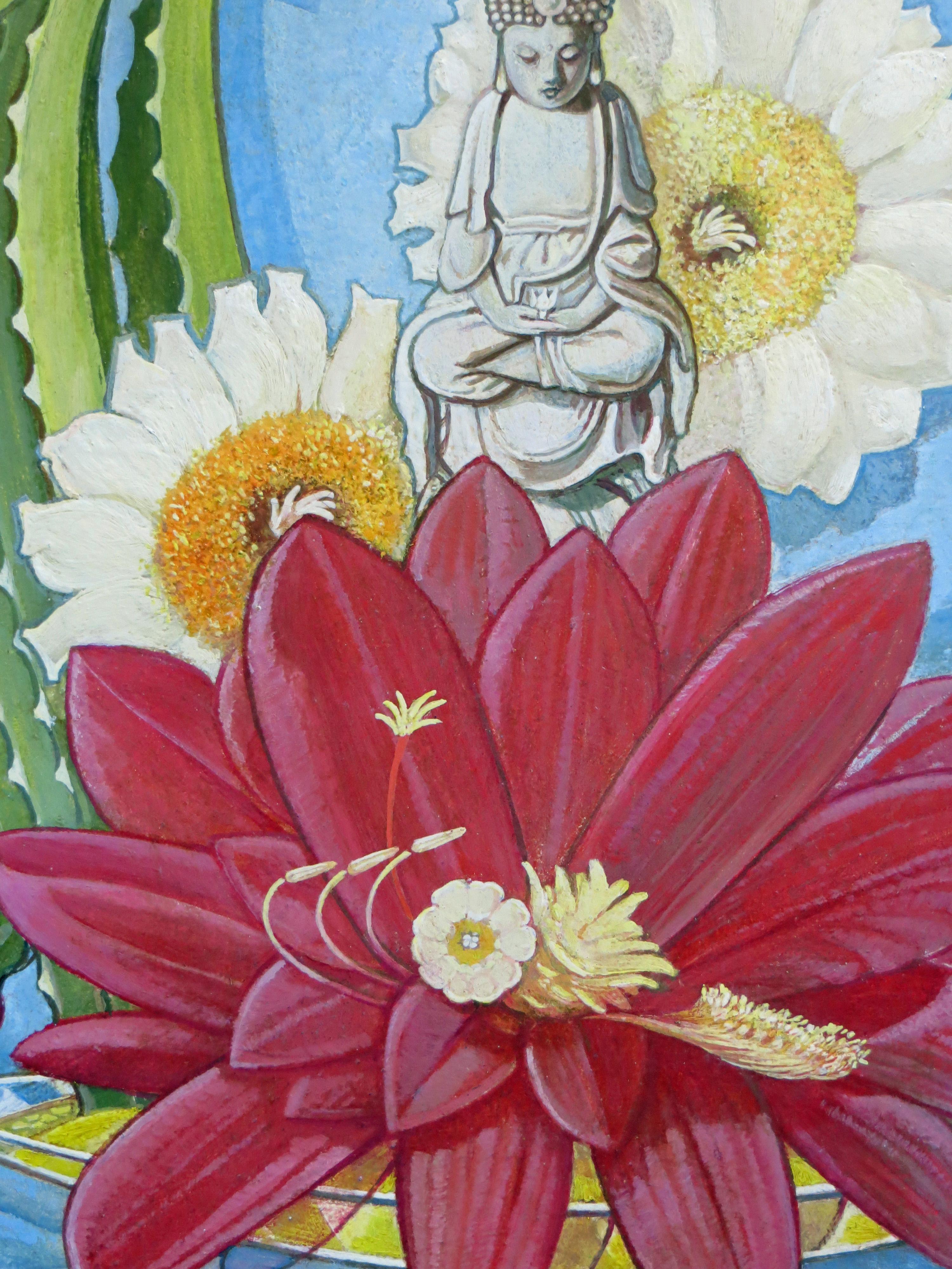 This oil on board is by James McCracken (1875-1967). It is a lush, exotic composition, depicting a Buddha statue atop a lotus flower. There are other flowers in the background as well as some kind of aloe or other succulent plant. It has been said