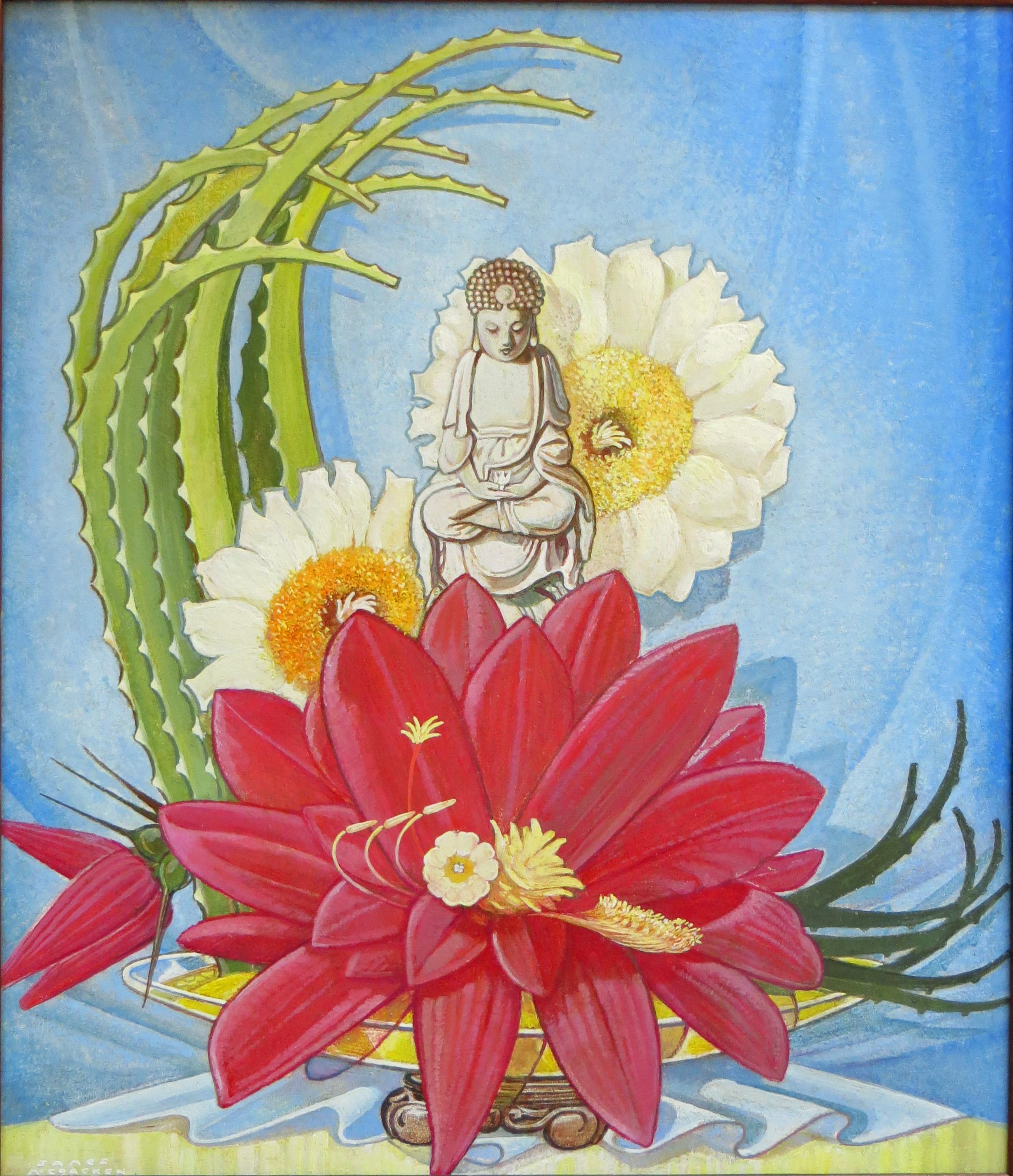 Dieses Öl auf Karton ist ein Werk von James McCracken (1875-1967). Es ist eine üppige, exotische Komposition, die eine Buddha-Statue auf einer Lotusblüte zeigt. Im Hintergrund befinden sich weitere Blumen sowie eine Art Aloe oder eine andere