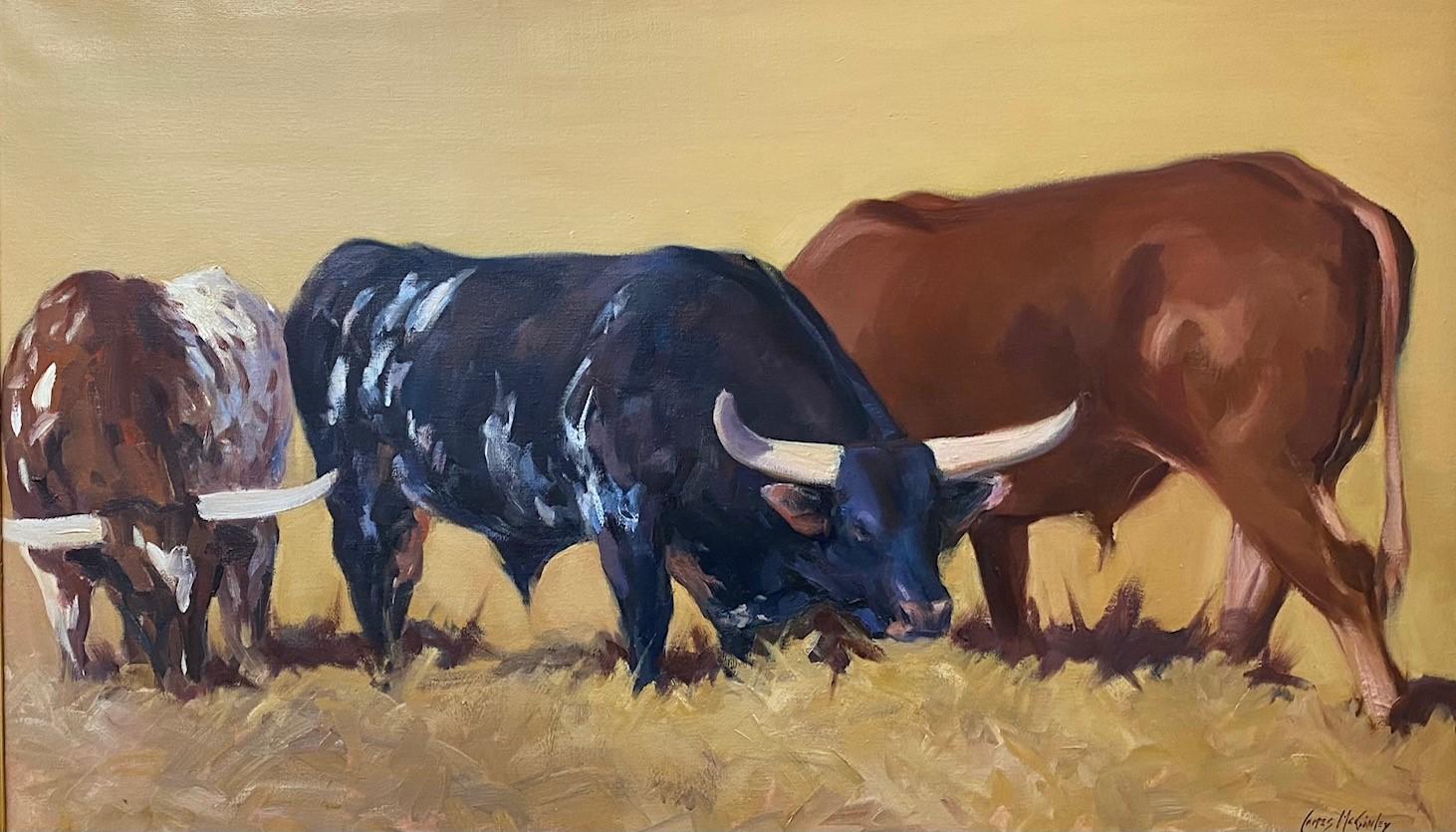 Toros pastando,  original 24x40 paisaje animal expresionista - Painting Expresionista de James McGinley
