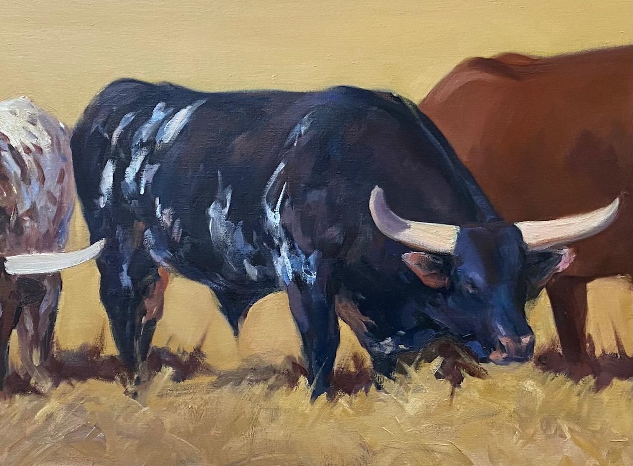 Weidende Stiere,  Original expressionistische Tierlandschaft im Originalformat 24x40  (Braun), Landscape Painting, von James McGinley