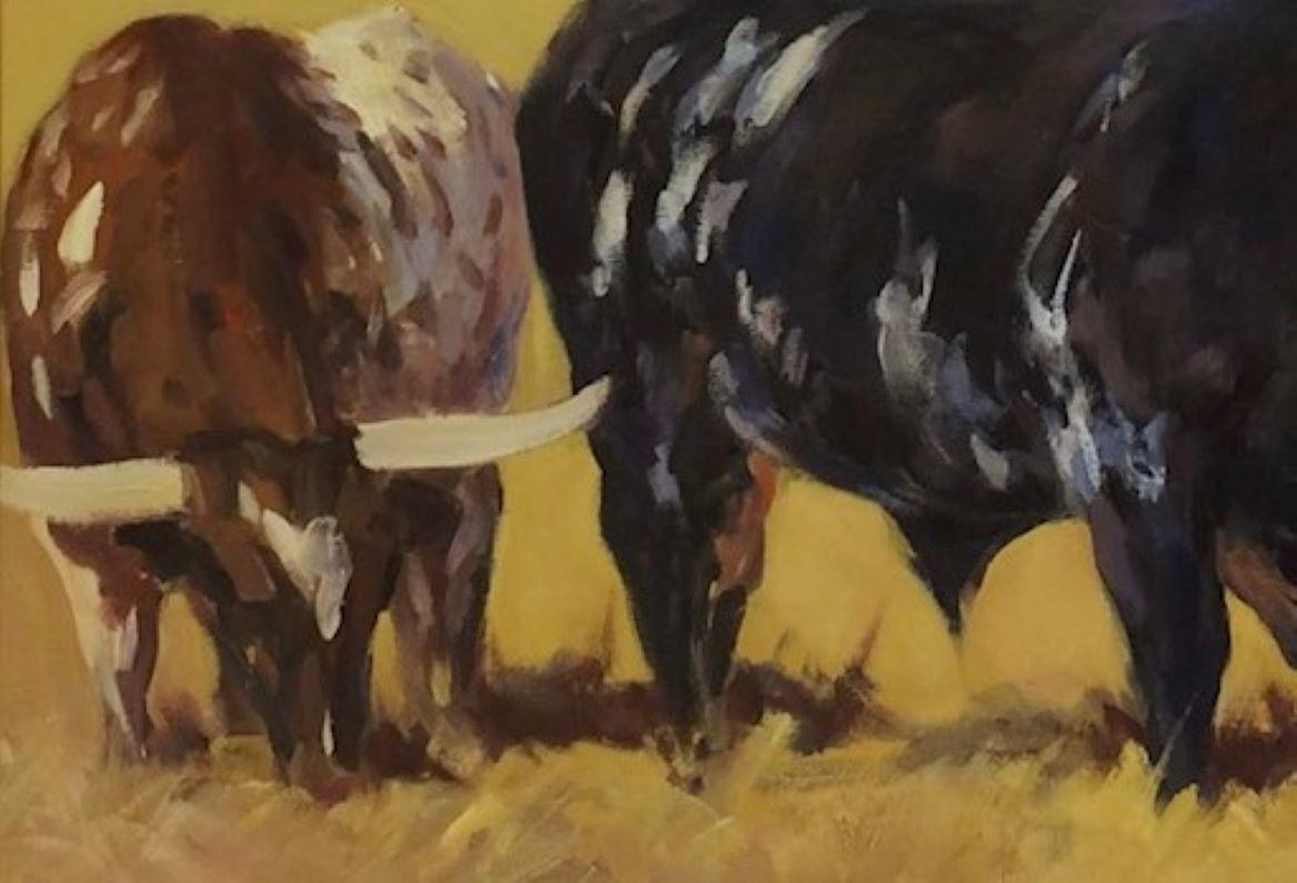 Bulls Grazing,  original 24x40 expressionist animal landscape  - Expressionist Painting by James McGinley