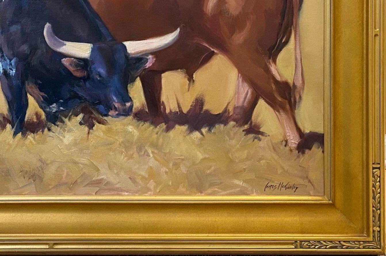 Bulls Grazing,  original 24x40 expressionist animal landscape  - Brown Landscape Painting by James McGinley
