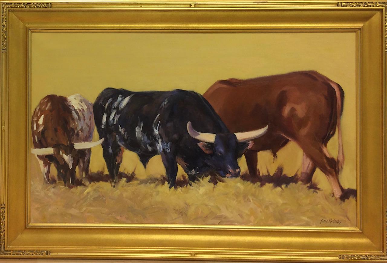 Bulls Grazing,  original 24x40 expressionist animal landscape  - Painting by James McGinley