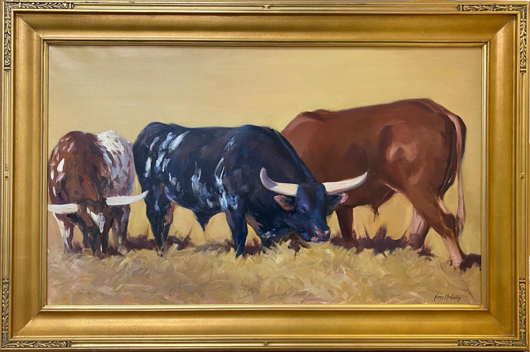 Des taureaux au pâturage,  Paysage animalier expressionniste original 24x40 