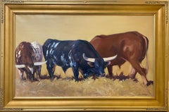 Toros pastando,  original 24x40 paisaje animal expresionista