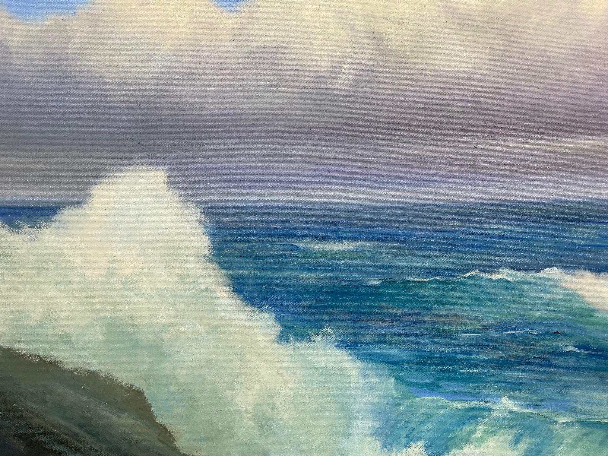 Surf e sole, paesaggio marino impressionista originale - Landscape Painting Grigio di James McGinley