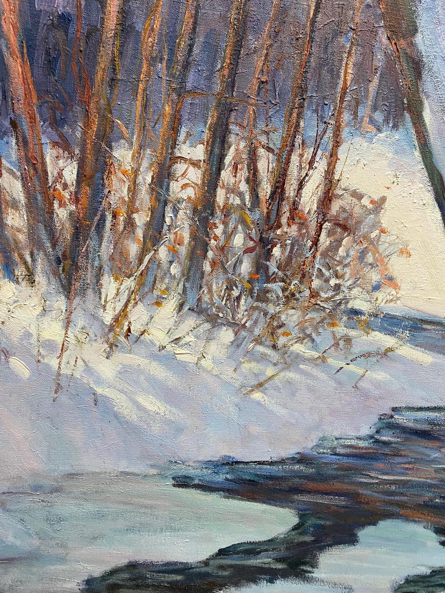 As the winter sunlight permeates the impressionist landscape's composition it also emanates a soul reaching warmth and beauty. The flowing stream and melting snow reminds the viewer that winter's purity and majesty is a temporary miracle to behold. 