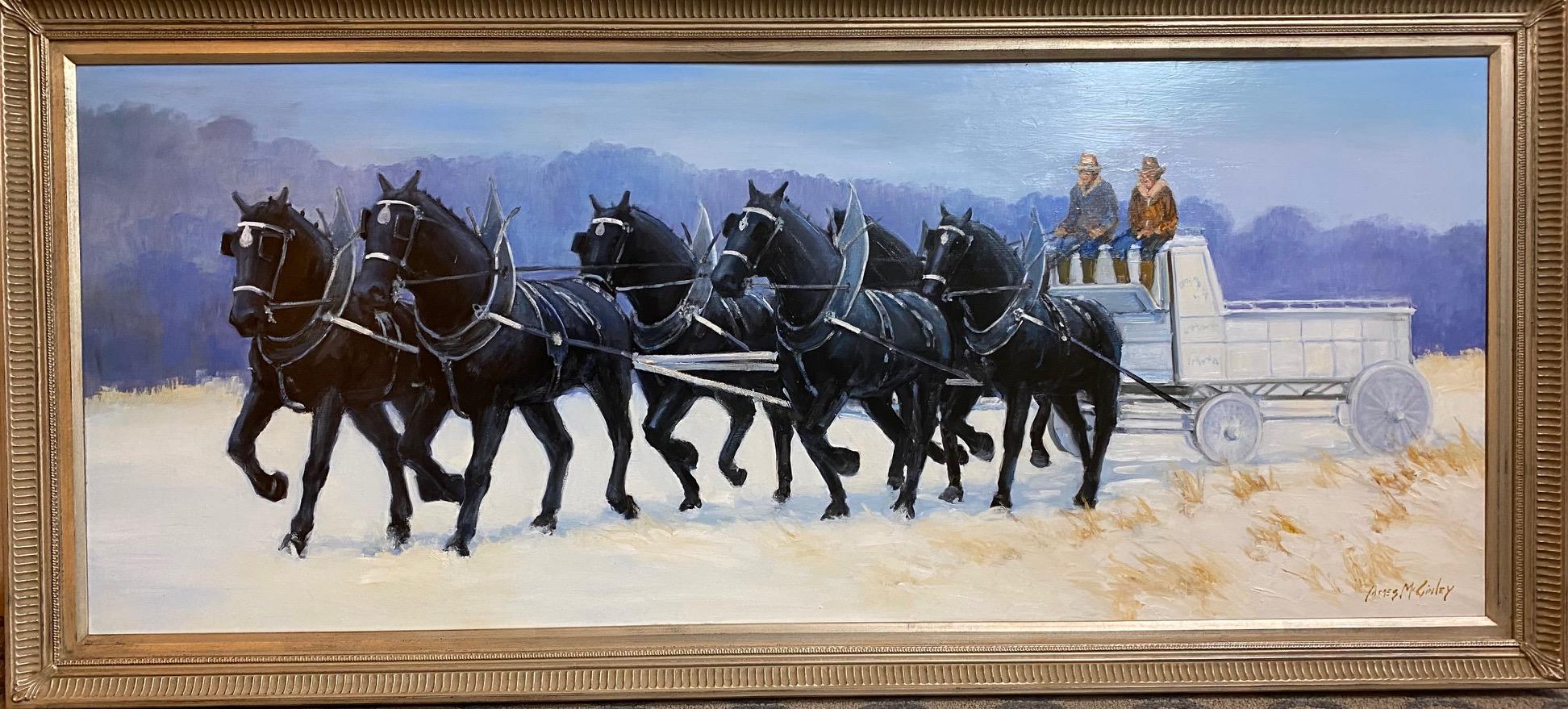 James McGinley Animal Painting - 1884, original 22x54 impressionist equestrian landscape