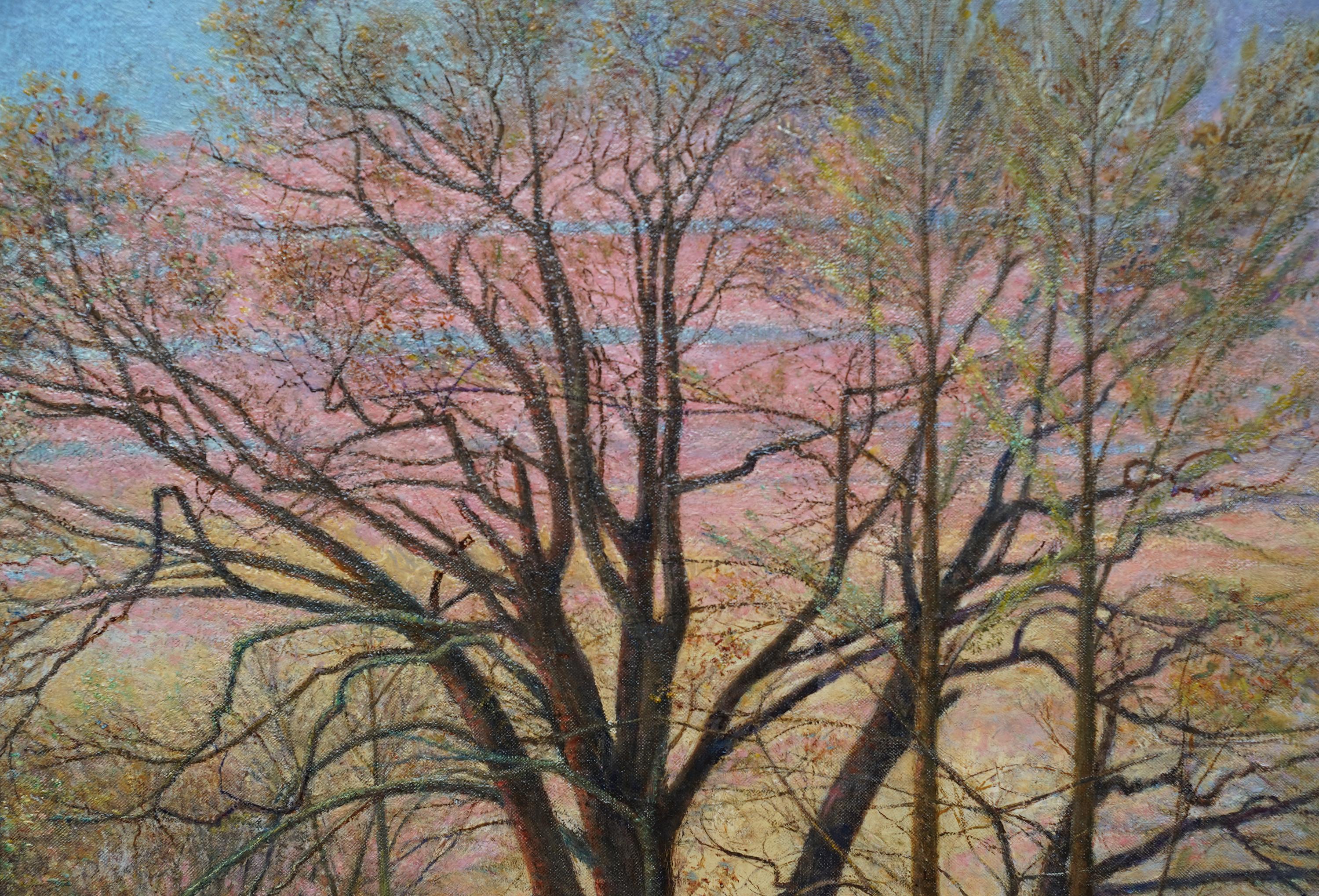 Paesaggio di primavera al crepuscolo - Quadro ad olio scozzese del 1920 - Landscape Painting Grigio di James McIntosh Patrick