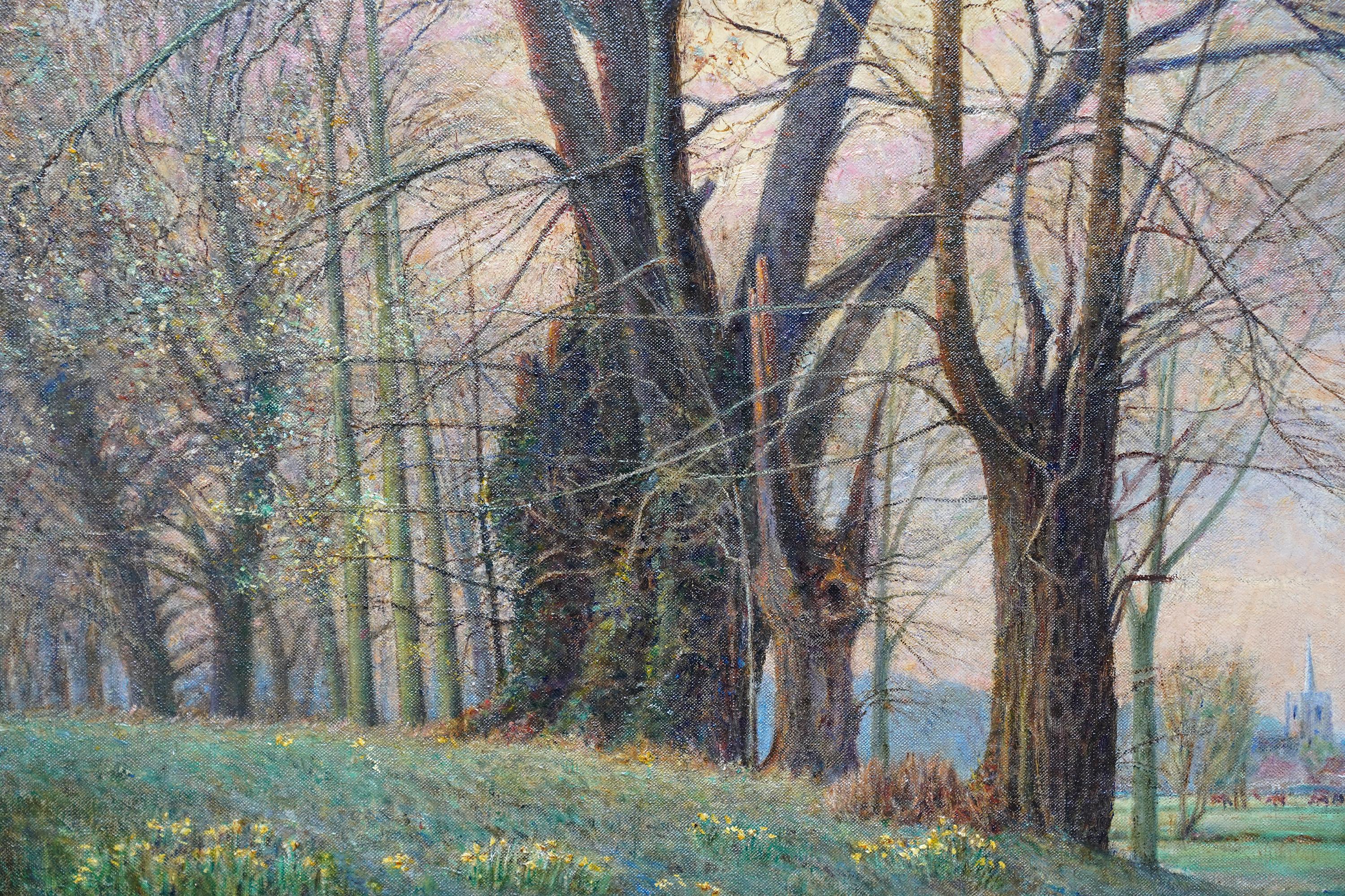 Questo super paesaggio scozzese dipinto a olio è attribuito alla cerchia del noto artista James McIntosh Patrick. Dipinto nel 1924, è un meraviglioso paesaggio primaverile di grandi alberi che stanno per spuntare le foglie in un cielo blu e rosa