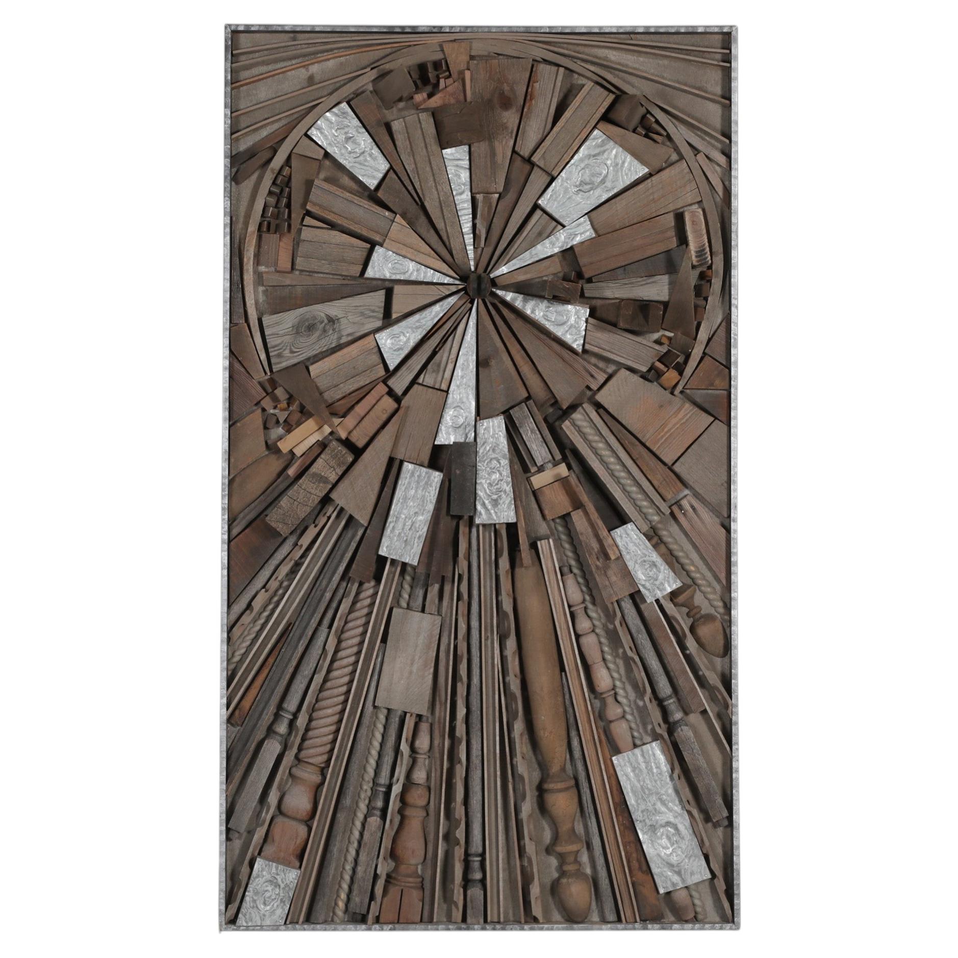 James McNabb-Style Brutalist Wood Assemblage Sunburst Wall Sculpture For Sale