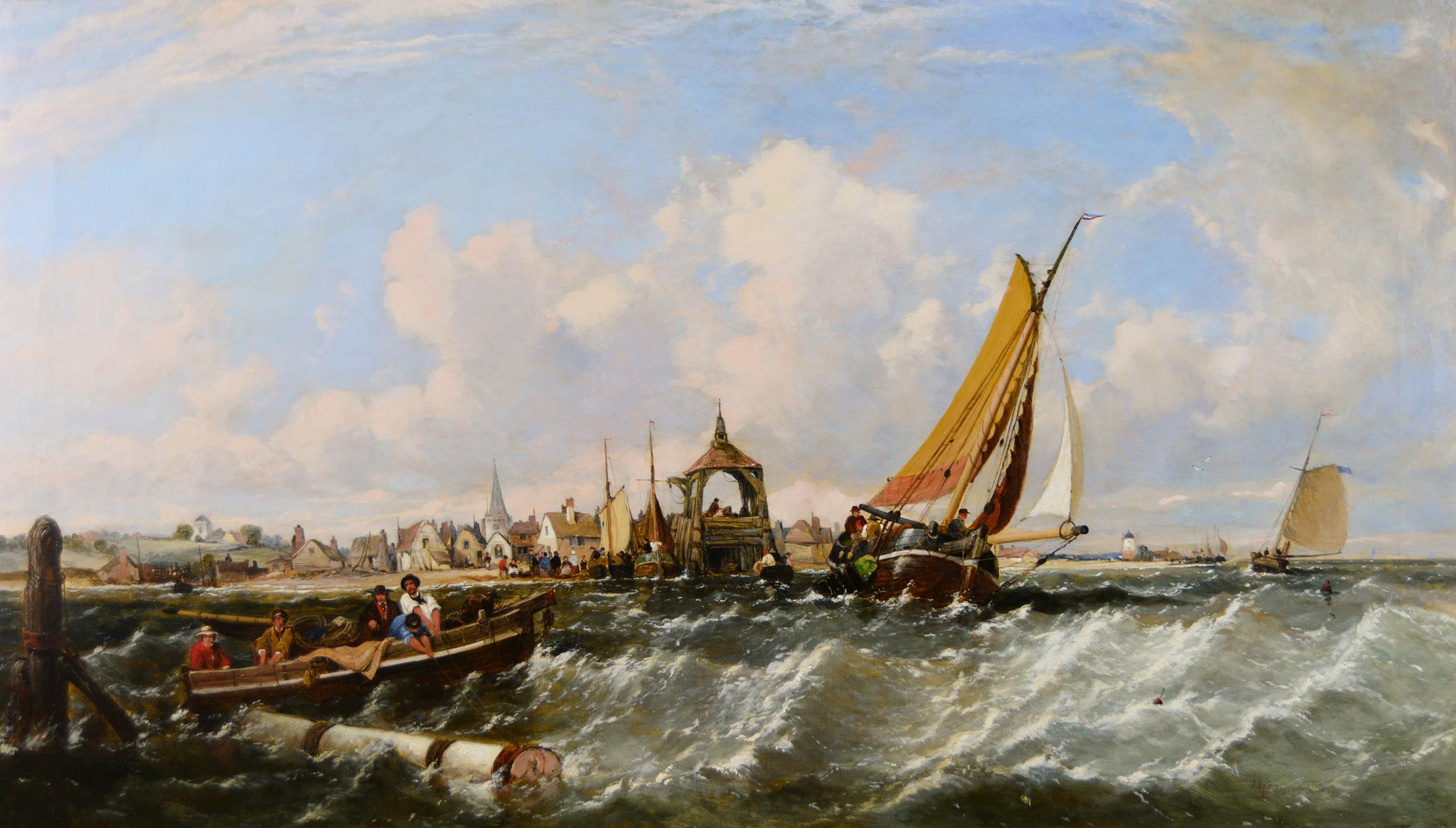 19th Century seascape oil painting of ships & fishing boats off a coast  - Painting by James Meadows Snr
