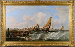 19th Century seascape oil painting of ships & fishing boats off a coast 