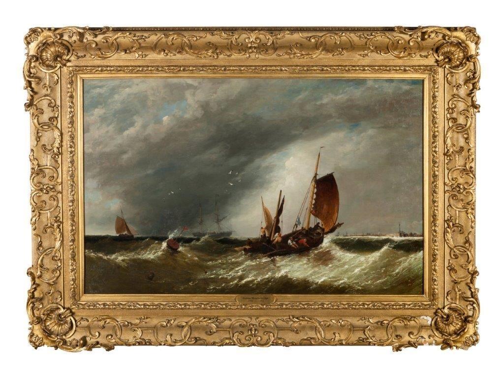 « Tormy Seas, paysage marin de petits voiliers jetés sur les vagues », huile sur toile - Painting de James Meadows Sr.