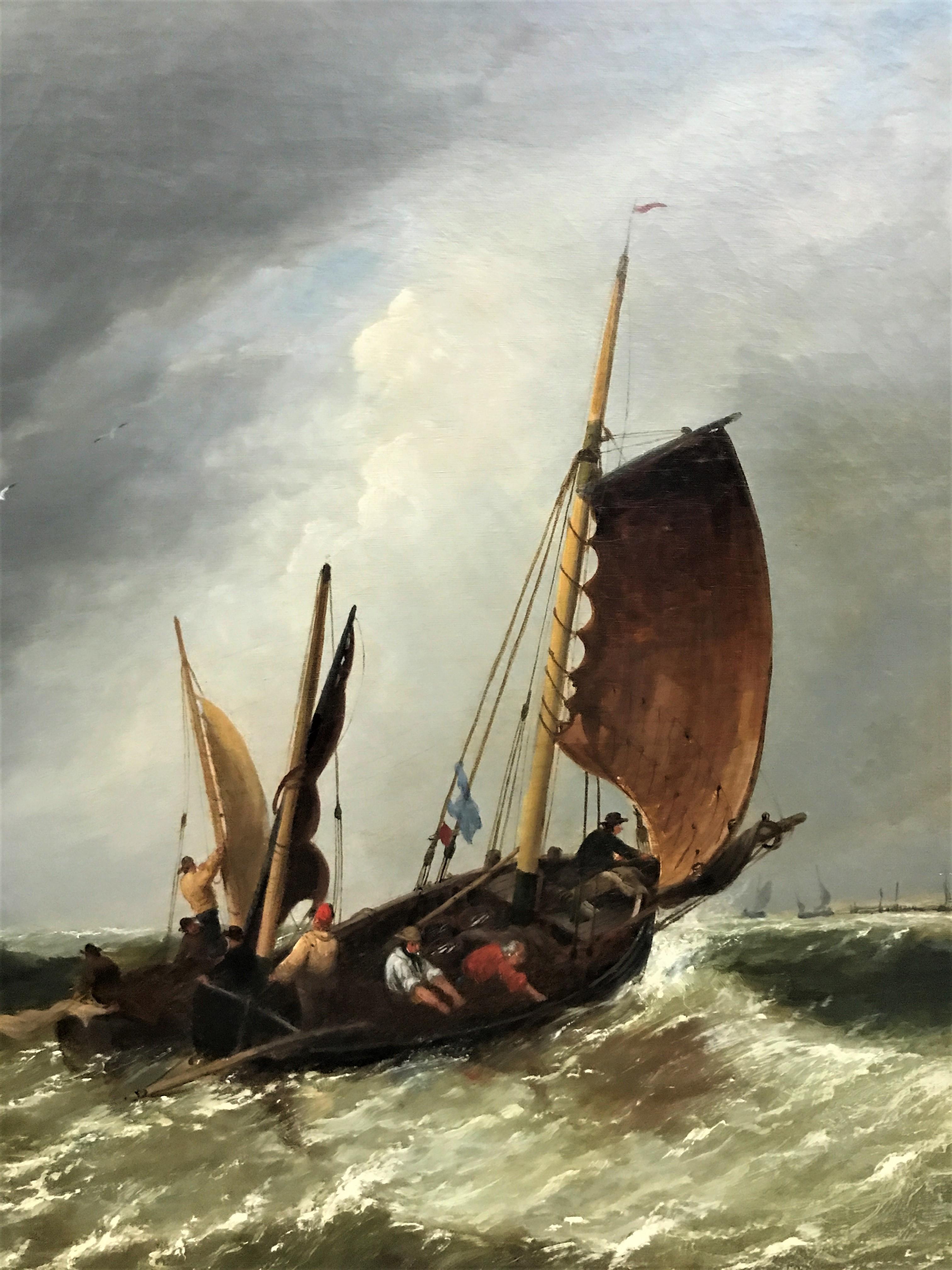 « Tormy Seas, paysage marin de petits voiliers jetés sur les vagues », huile sur toile - Gris Landscape Painting par James Meadows Sr.