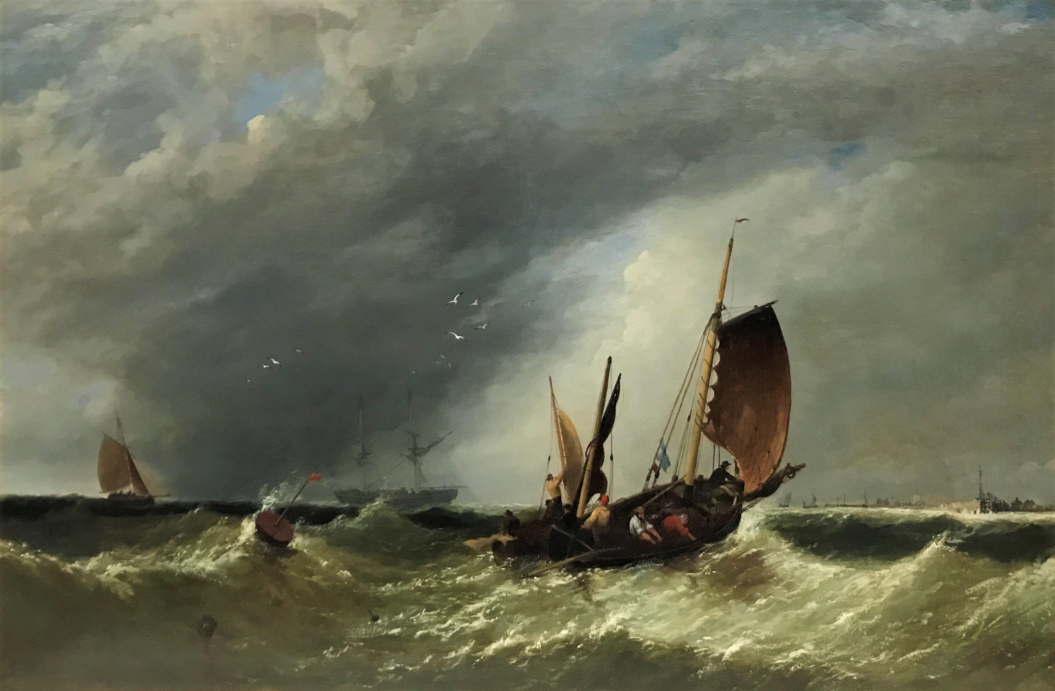 Landscape Painting de James Meadows Sr. - "Mares tormentosos", paisaje marino de pequeños veleros zarandeados por las olas, óleo sobre lienzo