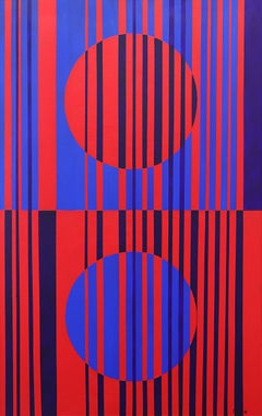 Peinture à l'huile graphique abstraite graphique moderne du milieu du siècle dernier, rouge, bleue, de James Meek
