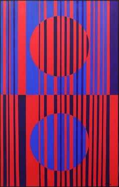 Abstraktes grafisches Ölgemälde, rot, blau, von James Meek, Mid-Century Modern