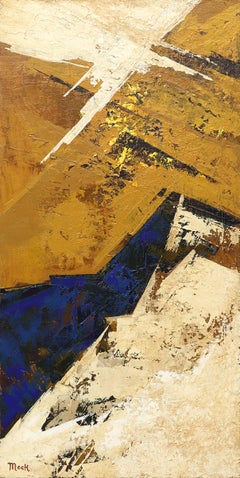 Pintura al óleo abstracta de mediados del siglo XX, amarillo, dorado, azul, blanco, artista de Taos