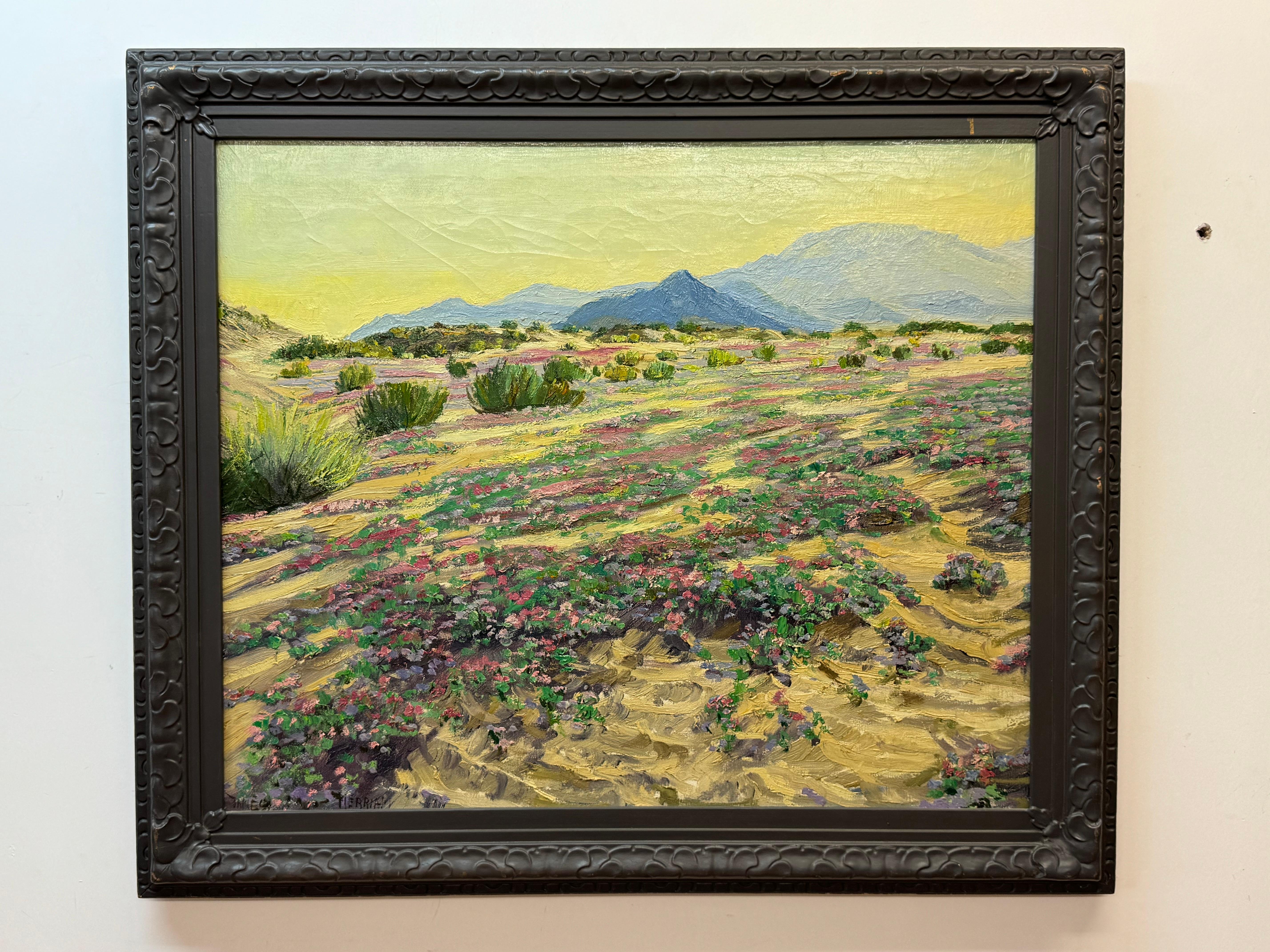 Peinture de paysage désertique fleuri. Huile sur toile. 25" x 30" sans cadre, 30.5" x 35.5" avec cadre