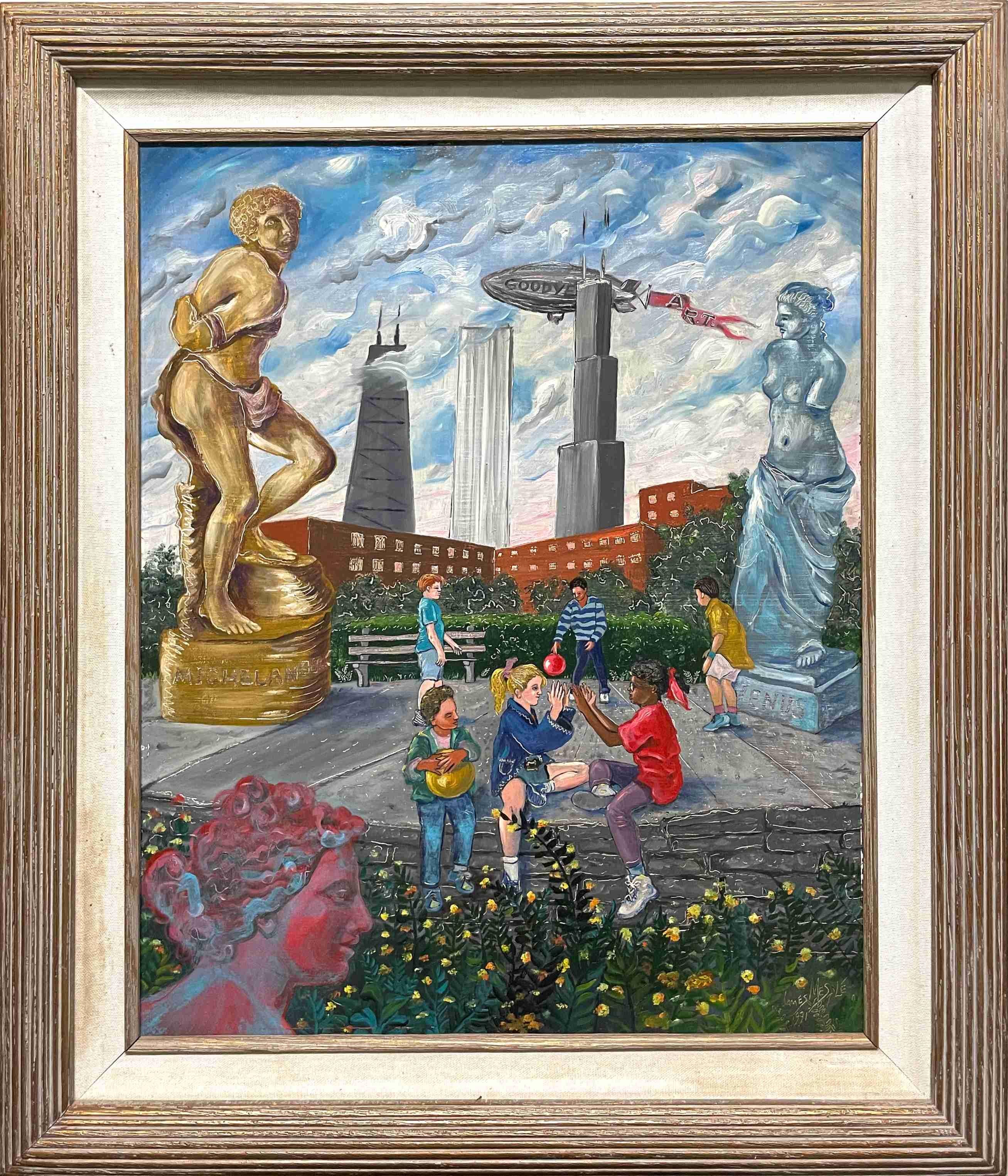 Intrigante pintura surrealista del centro de Chicago por James Mesplé en venta 1