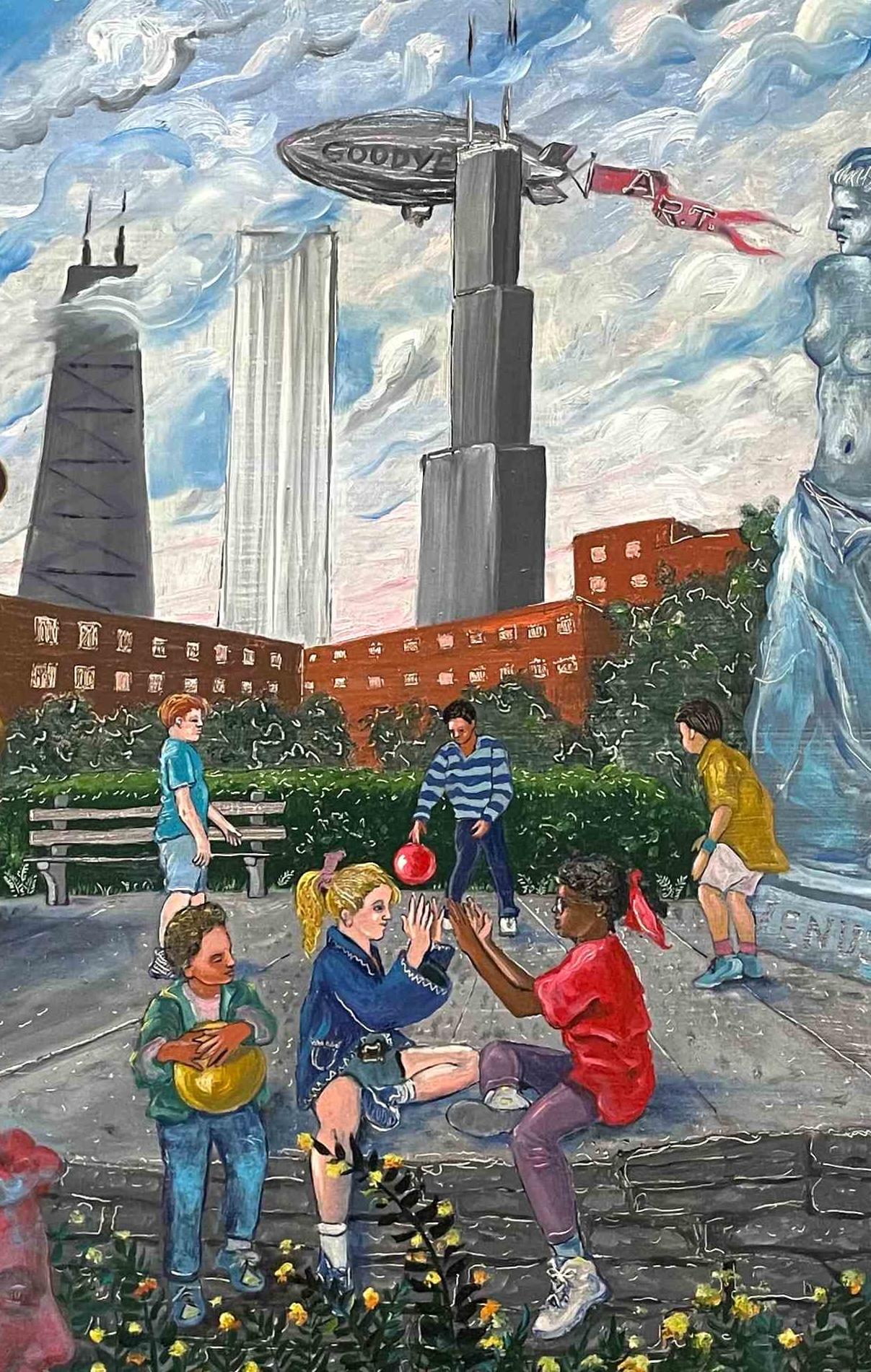 Intrigante pintura surrealista del centro de Chicago por James Mesplé en venta 4