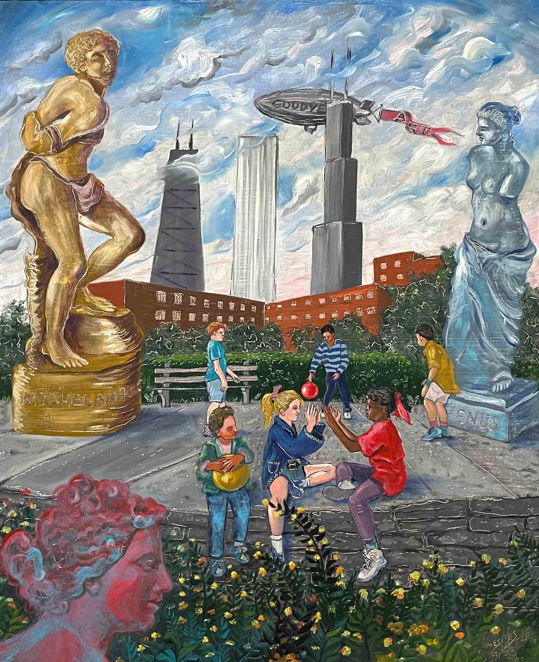 Un intrigante dipinto surrealista del centro di Chicago di James Mesplé