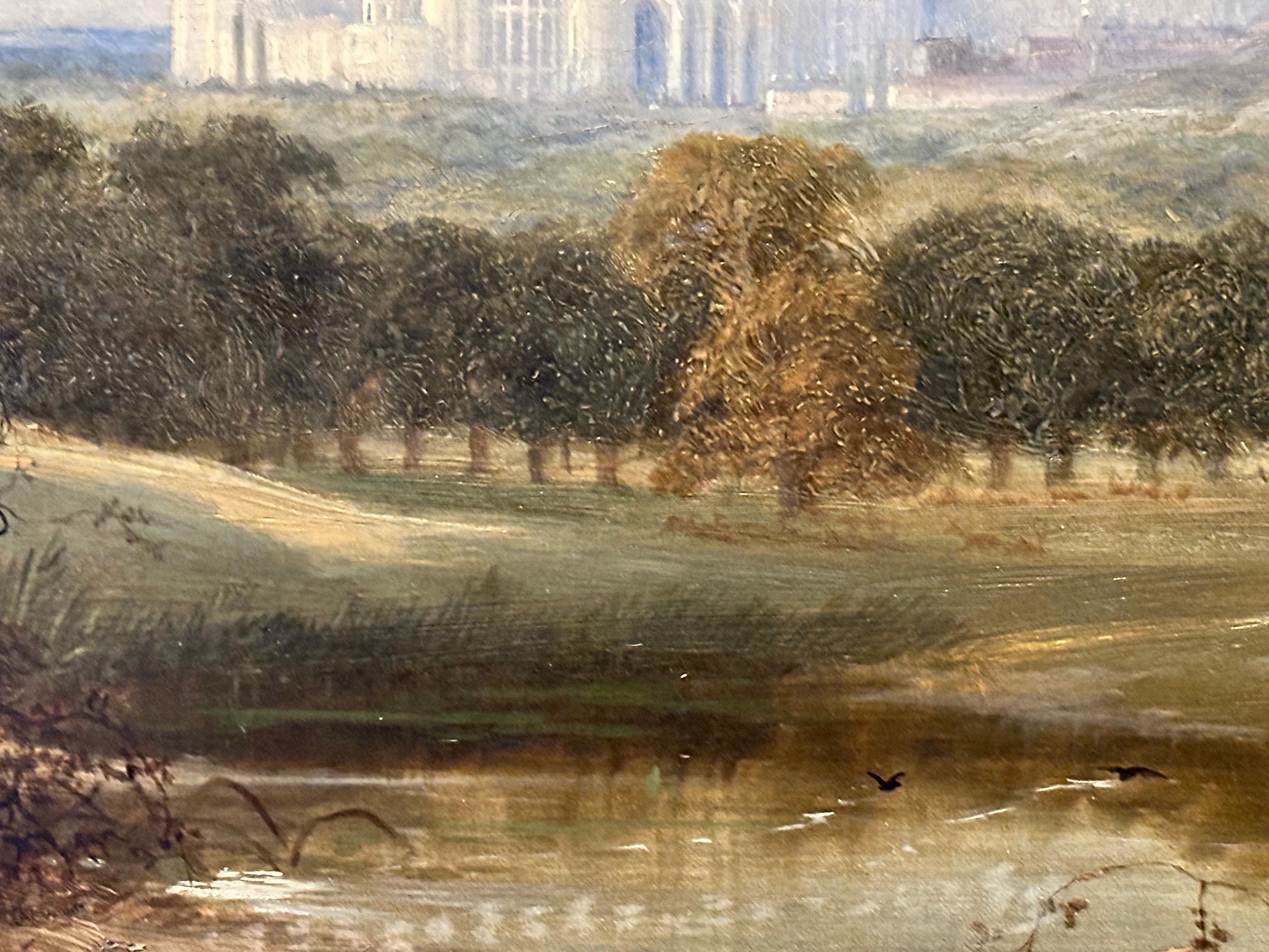 Sehr schönes großes englisches Öl aus dem 19. Jahrhundert Windsor Castle & Deer Park mit Hirschen im Angebot 6