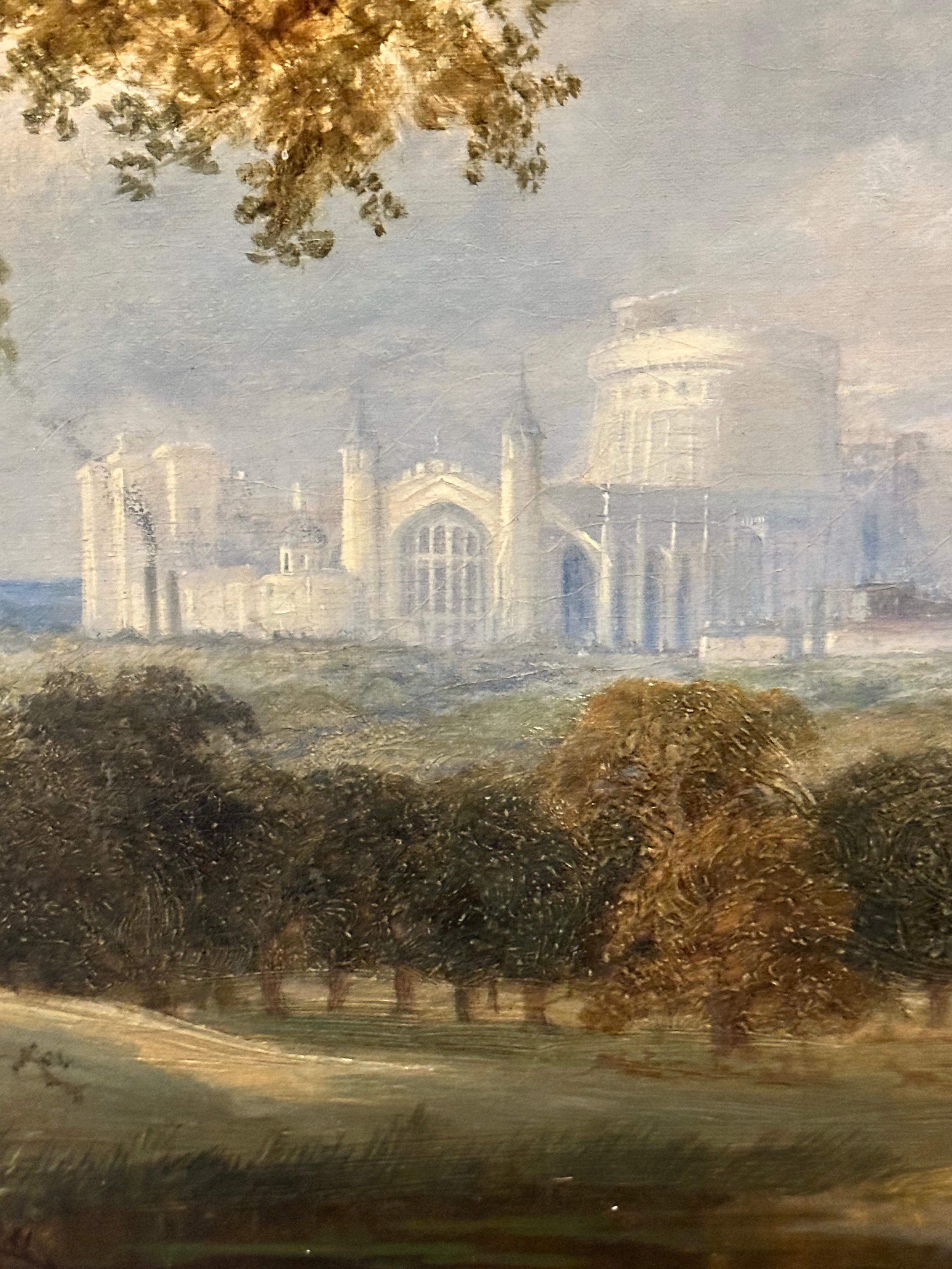 Sehr schönes großes englisches Öl aus dem 19. Jahrhundert Windsor Castle & Deer Park mit Hirschen im Angebot 7