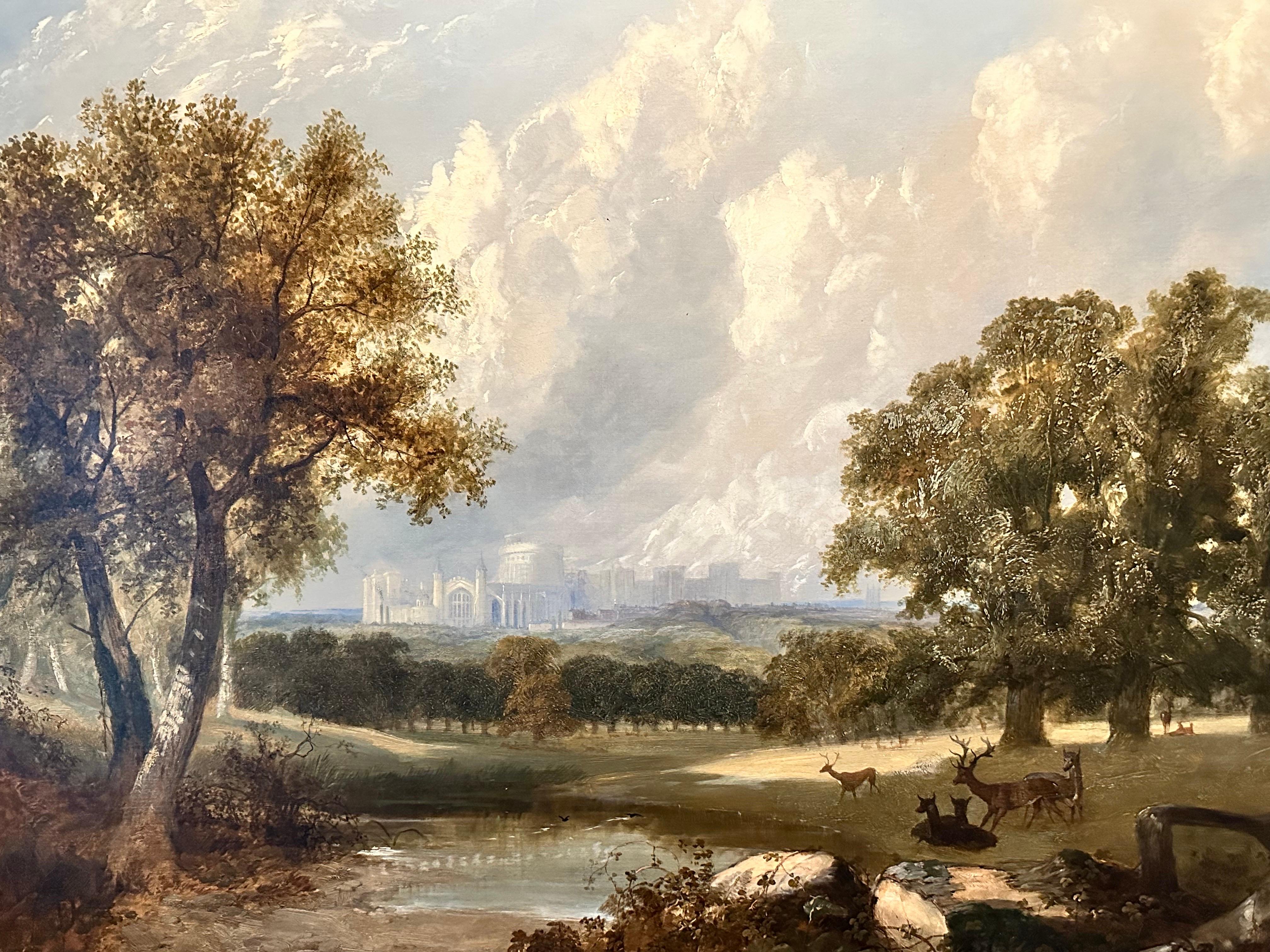 Sehr schönes großes englisches Öl aus dem 19. Jahrhundert Windsor Castle & Deer Park mit Hirschen im Angebot 8