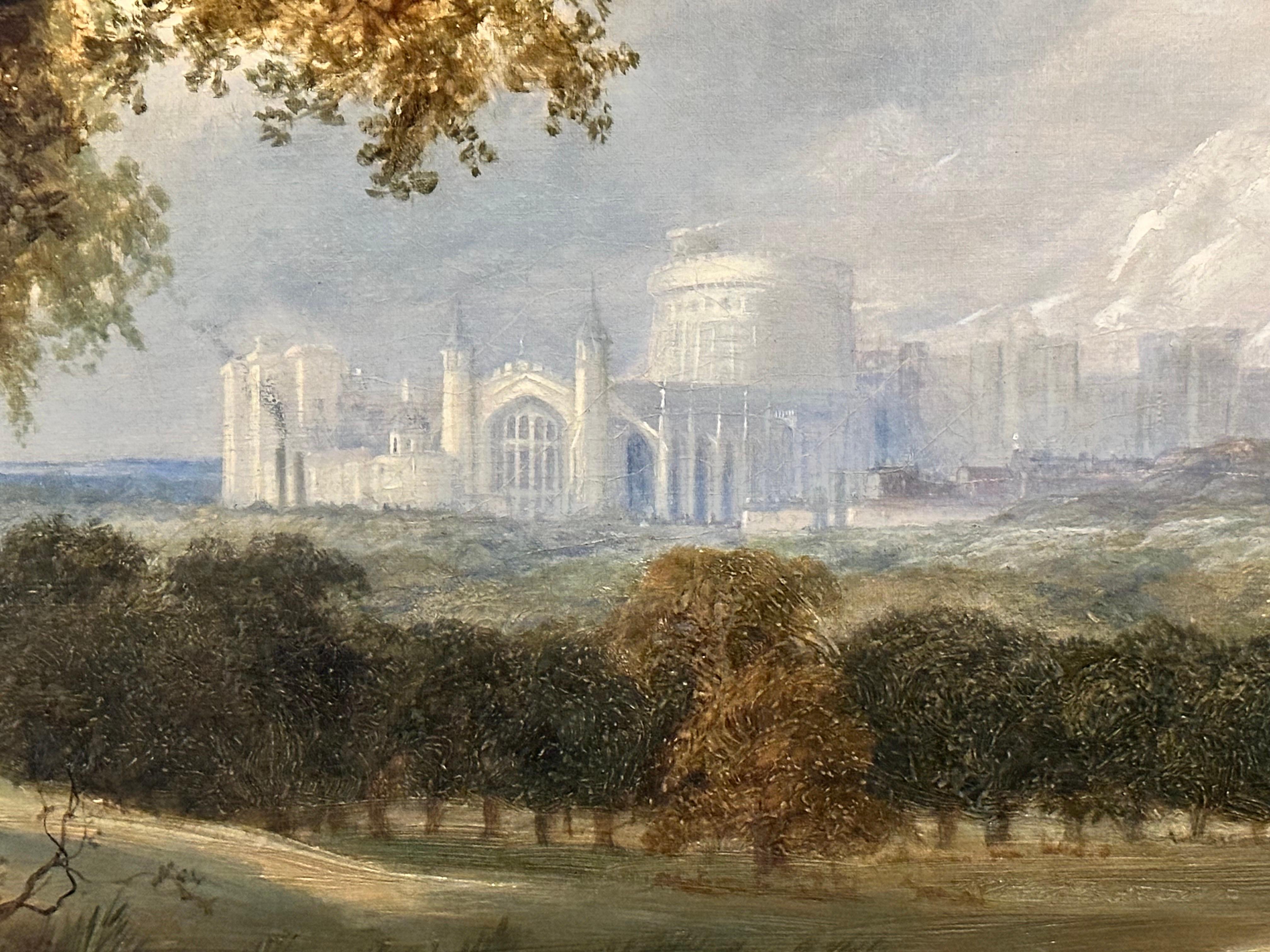 Sehr schönes großes englisches Öl aus dem 19. Jahrhundert Windsor Castle & Deer Park mit Hirschen (Braun), Landscape Painting, von James Middleton