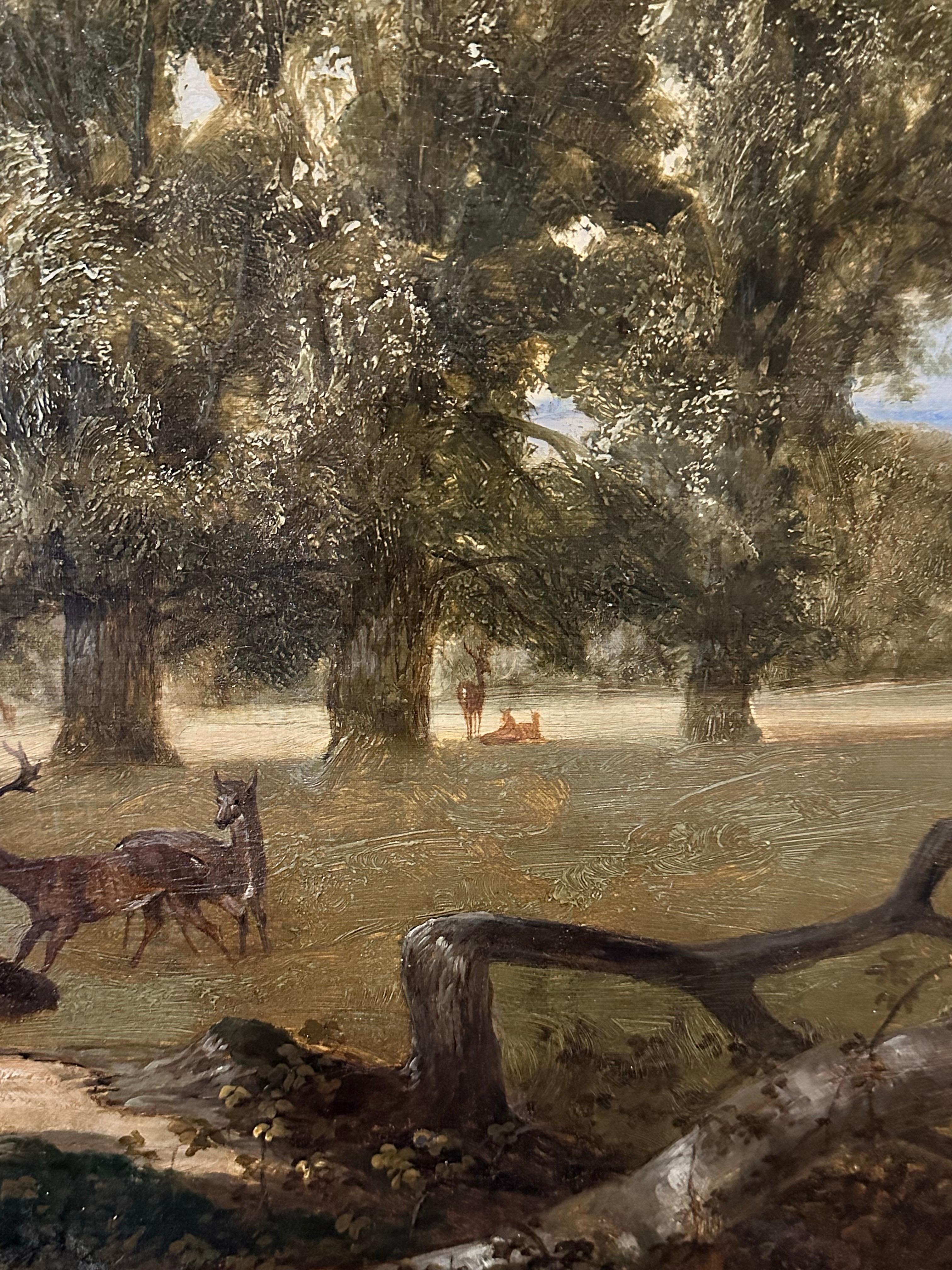 Windsor Great Park mit Schloss Windsor (St. Georges Chapel) in der Ferne

James Middleton (Englisch 1805-1874, Brite) zugeschrieben
verso auf dem Label beschriftet
Ölgemälde auf Leinwand, gerahmt
Leinwand: 24 x 36 Zoll
Gerahmt: 29 x 41 Zoll
Zustand: