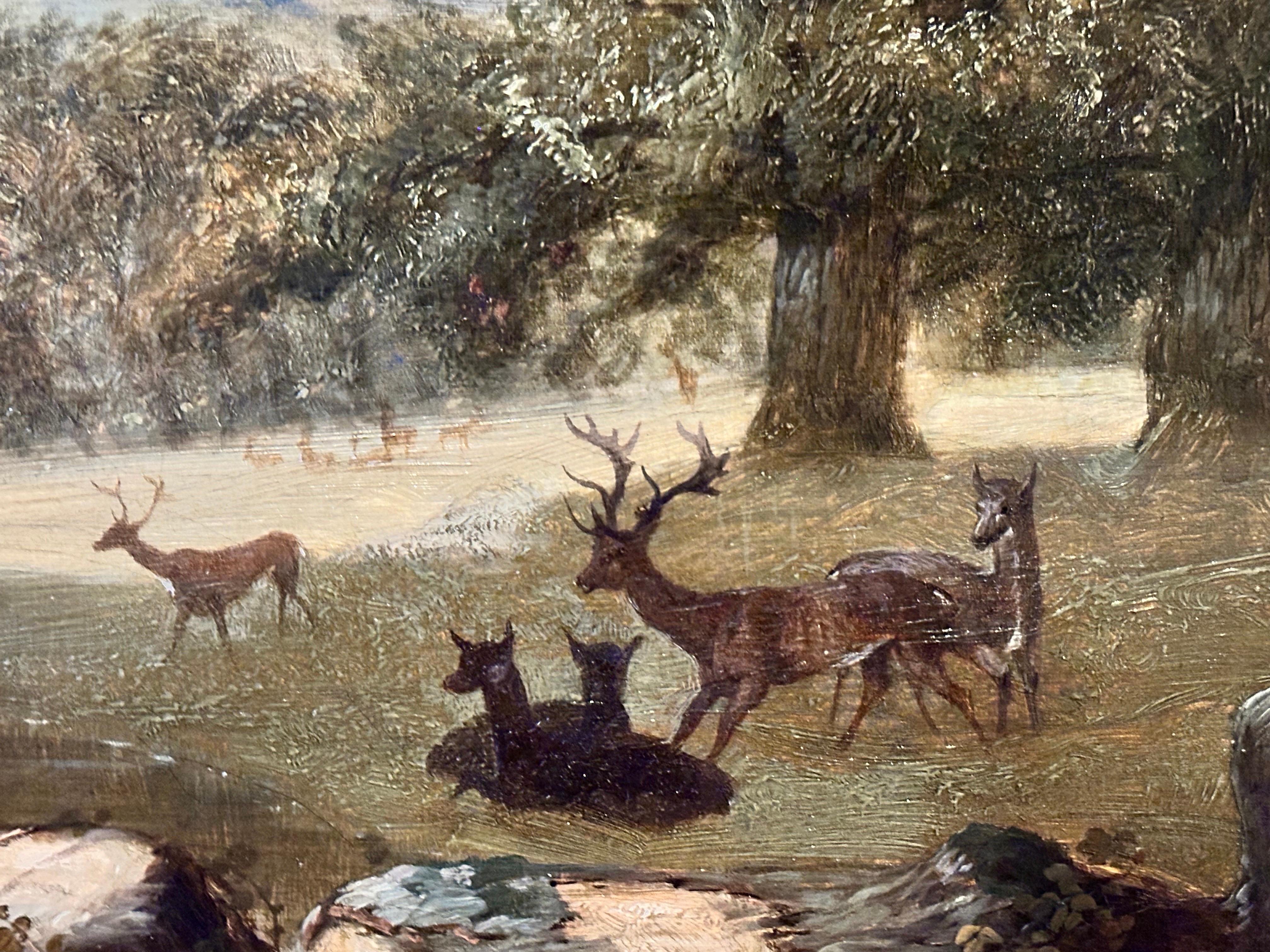 Sehr schönes großes englisches Öl aus dem 19. Jahrhundert Windsor Castle & Deer Park mit Hirschen im Angebot 1