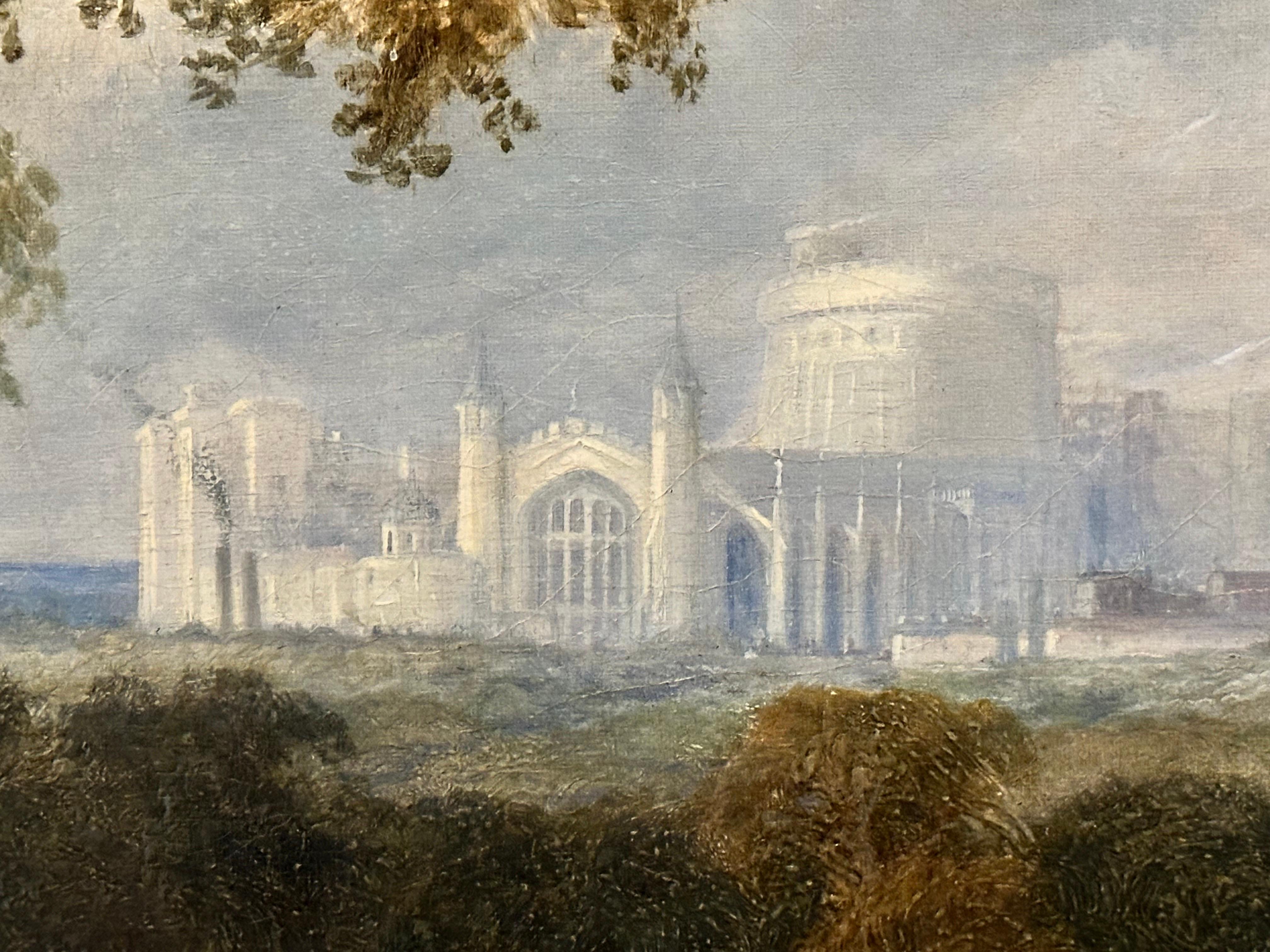 Sehr schönes großes englisches Öl aus dem 19. Jahrhundert Windsor Castle & Deer Park mit Hirschen im Angebot 3