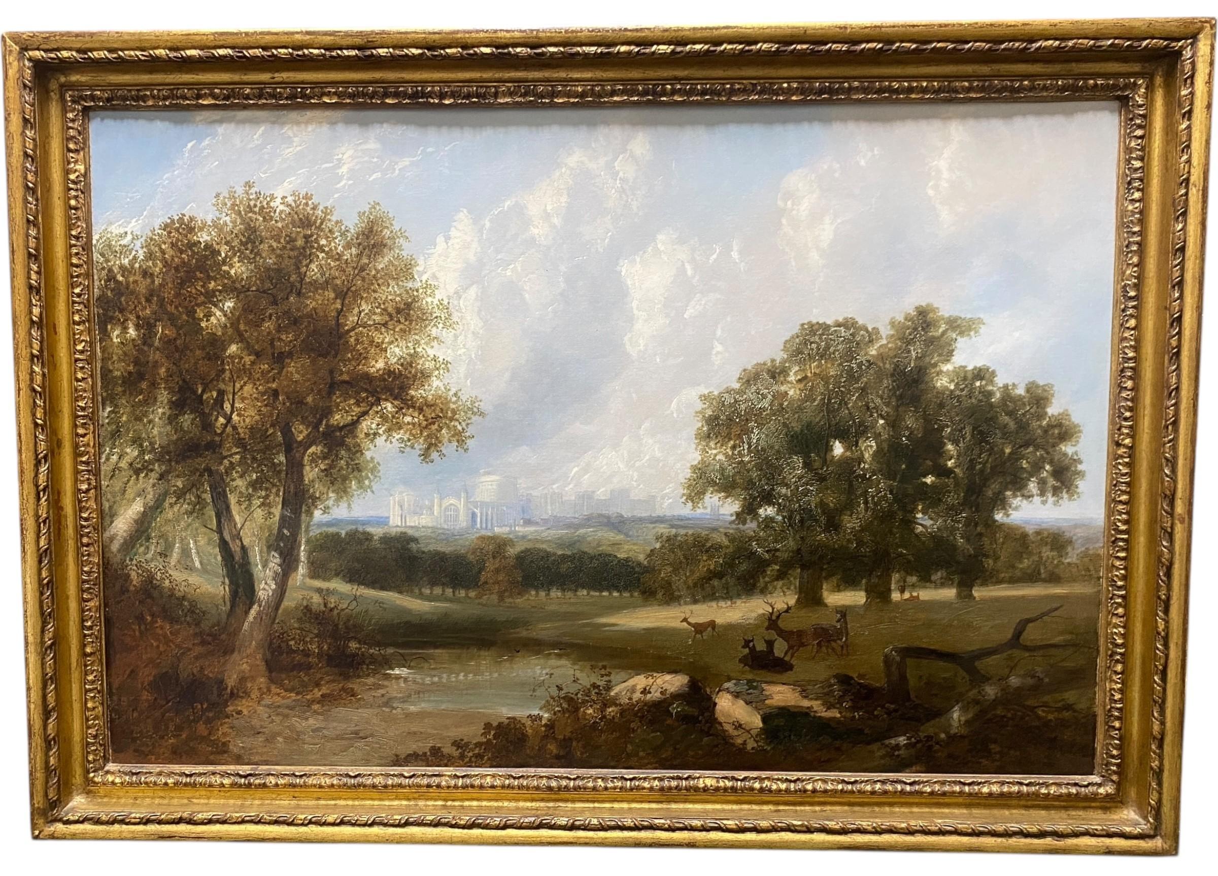 Sehr schönes großes englisches Öl aus dem 19. Jahrhundert Windsor Castle & Deer Park mit Hirschen – Painting von James Middleton