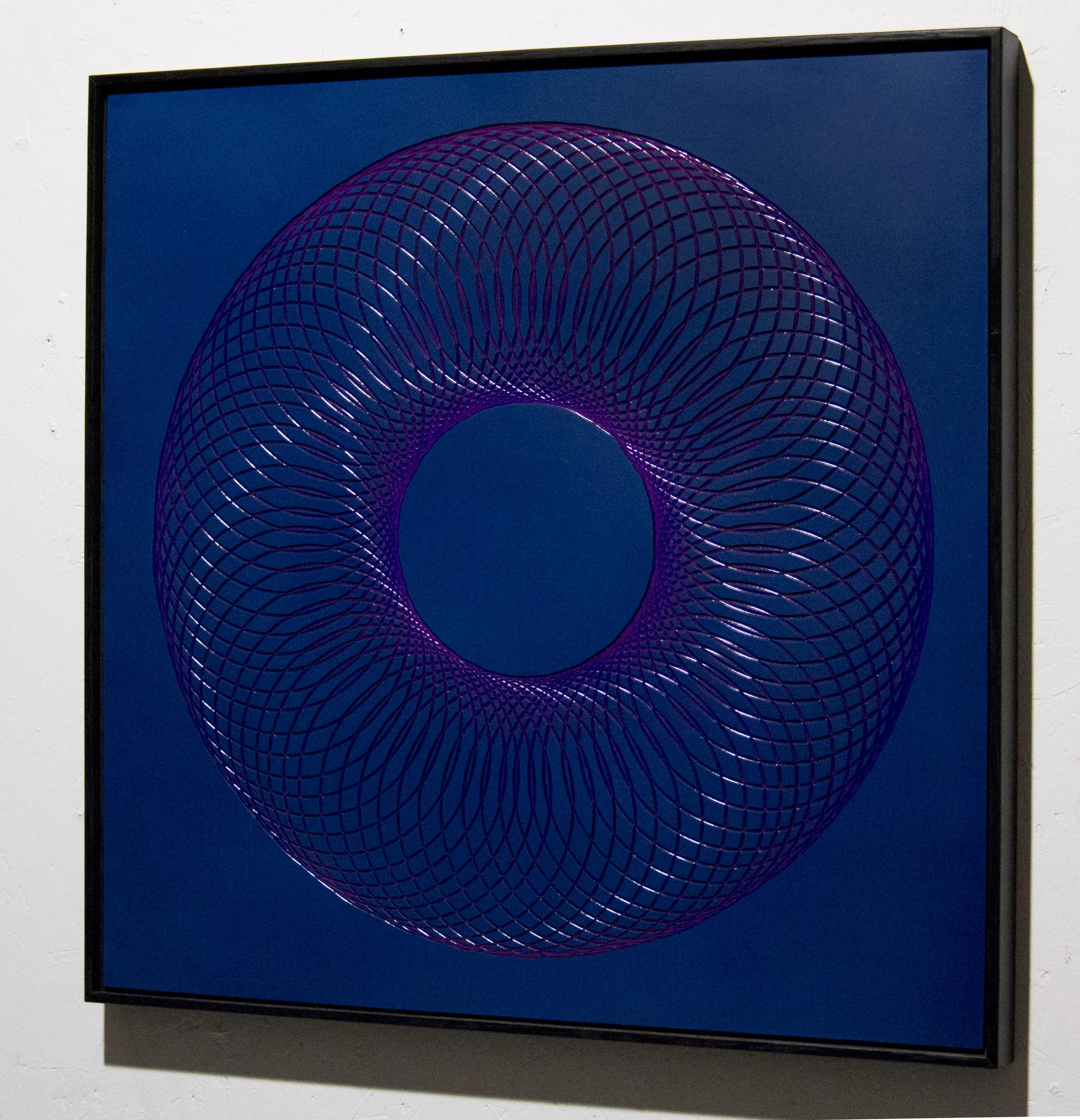 51801- blue purple abstract geometric holographic light drawing on wood panel - Painting by James Minden