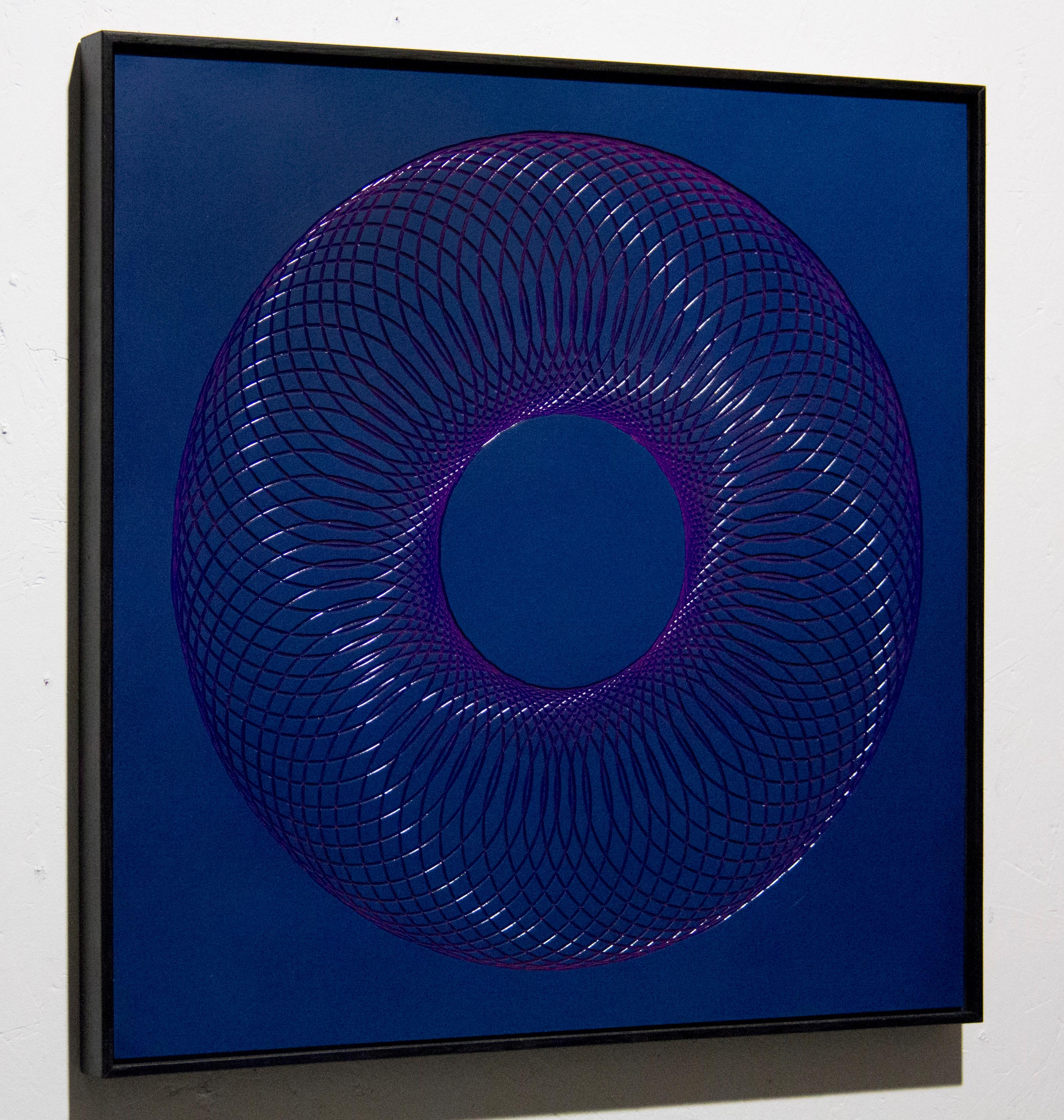 51801- blue purple abstract geometric holographic light drawing on wood panel - Abstract Geometric Painting by James Minden